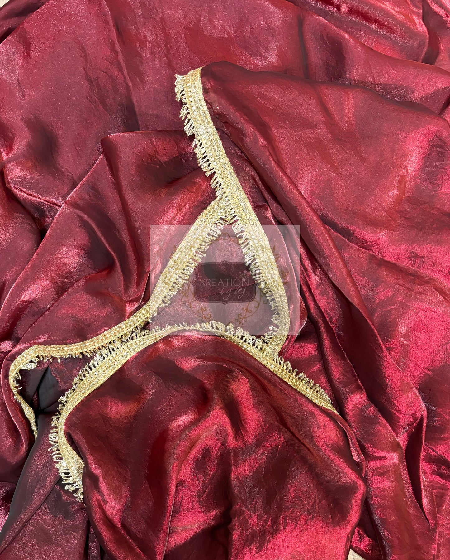Cheery Wine Metallic Shimmer satin Banno Saree kreationbykj