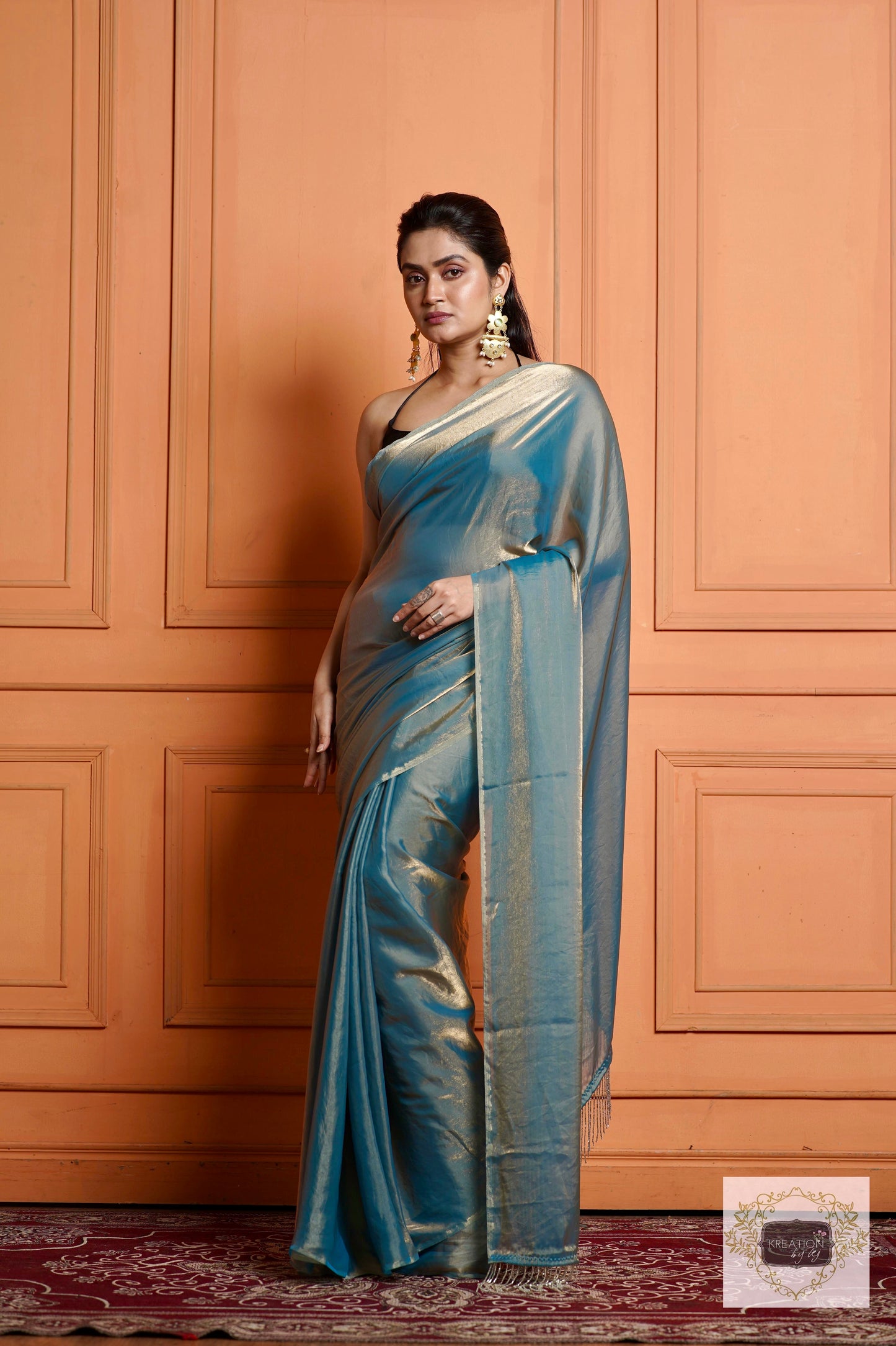 Teal Blue Metallic Shimmer Satin Saree kreationbykj