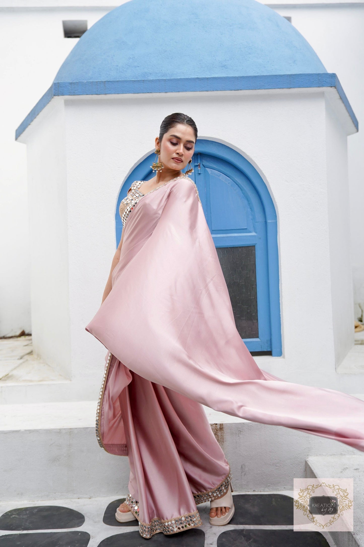 Lilac Satin Silk Saree with Cut Mirror work Lace kreationbykj
