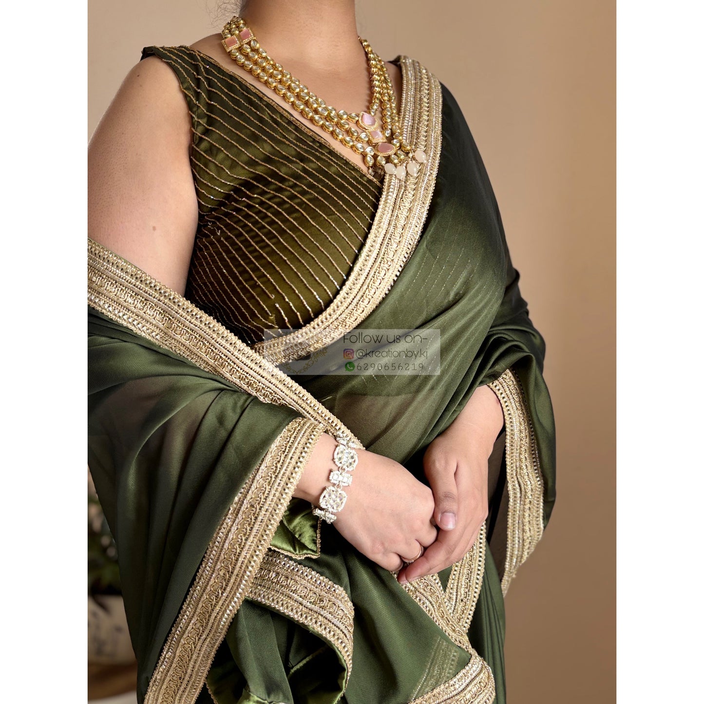Olive Green Georgette Saree with Golden Border Kreation by KJ