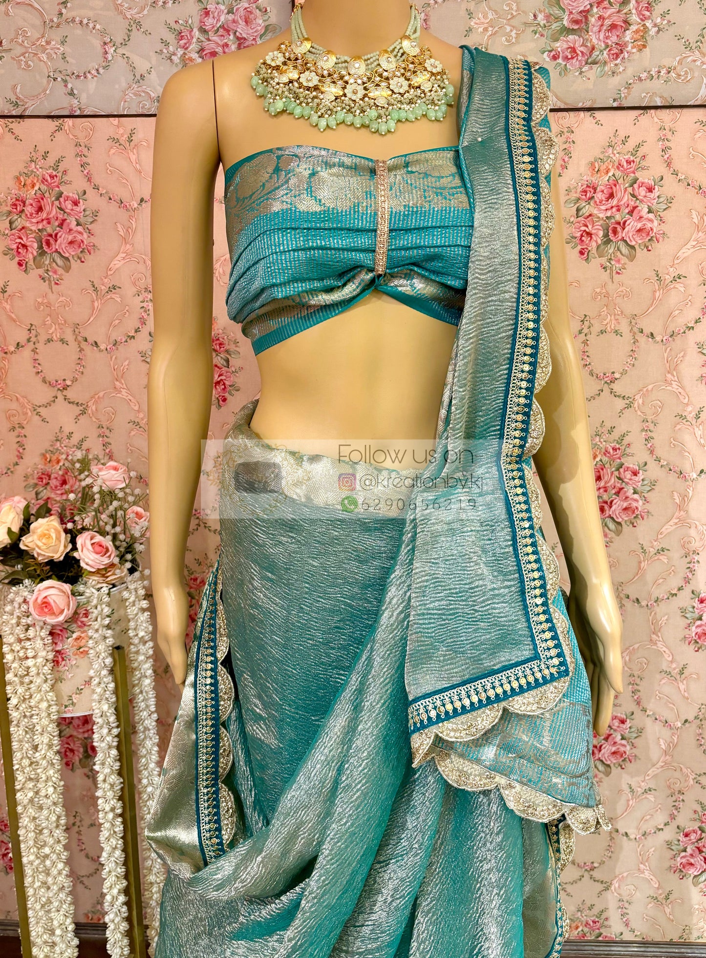 Sea Green Crushed Tissue Banarasi Saree kreationbykj
