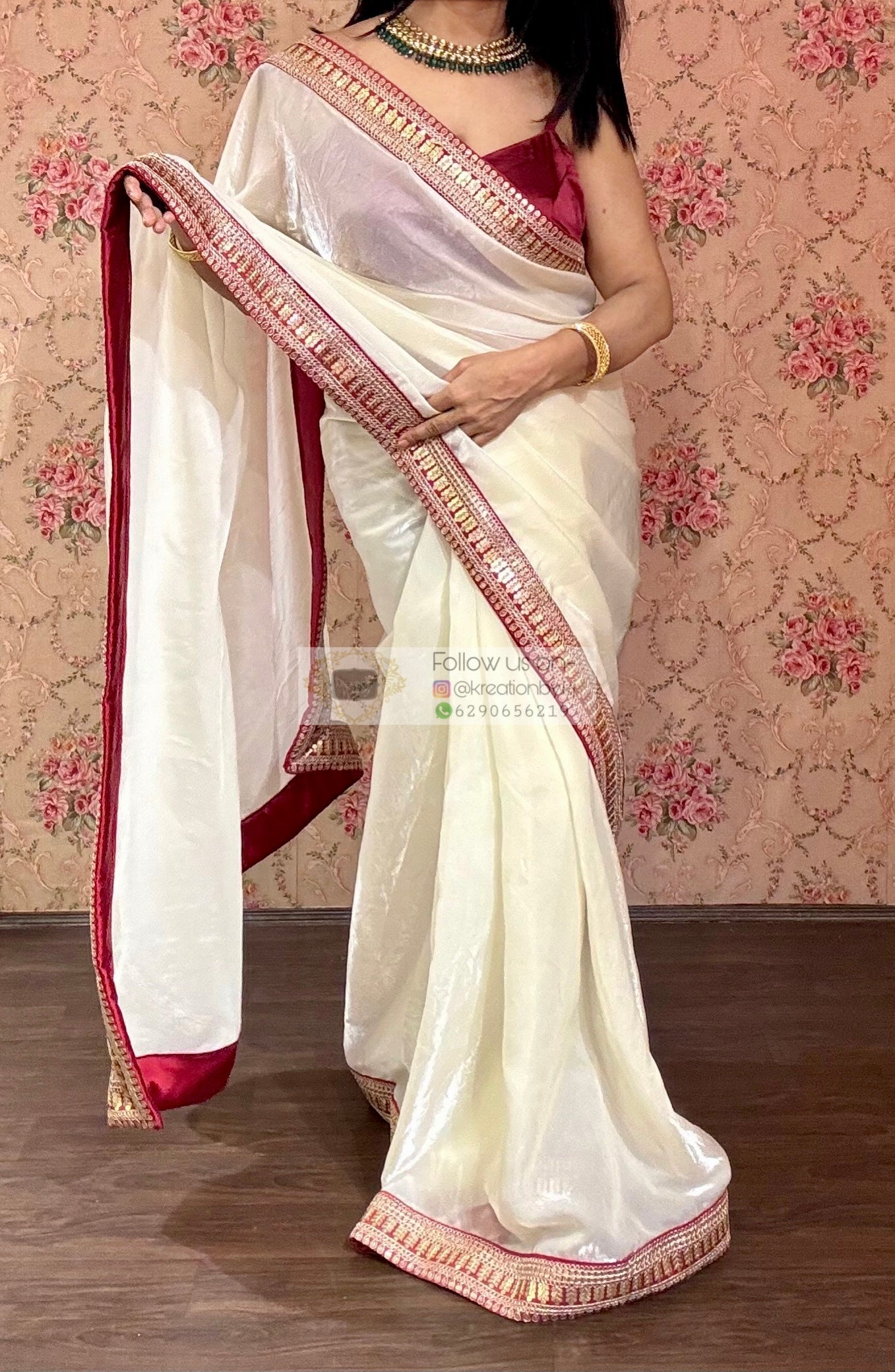 Cream Metallic Shimmer Satin with Red Border-agomoni kreationbykj