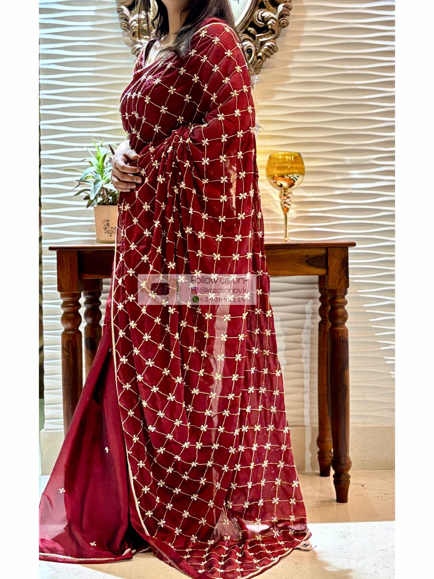 Maroon Georgette Cutdana Jaal Saree kreationbykj