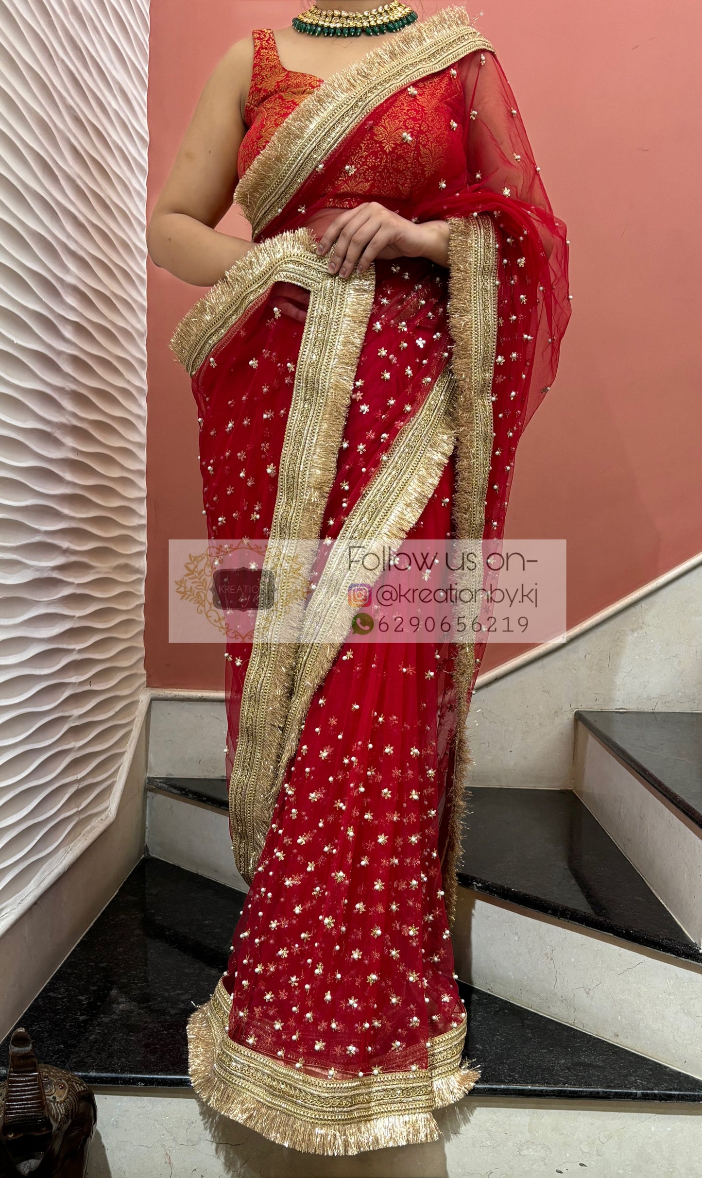 Red Jugnoo Banno Embellished Net Saree kreationbykj