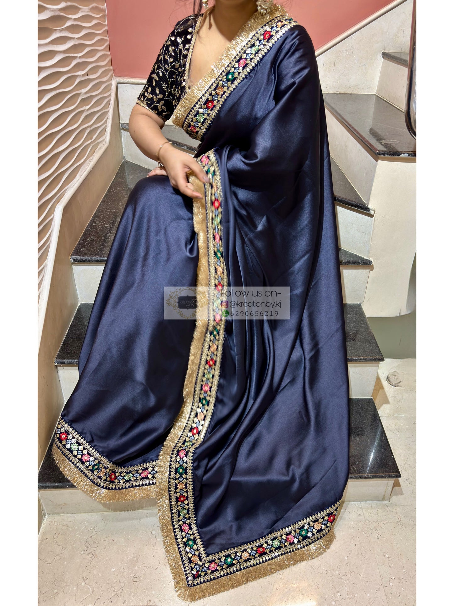 Navy Blue Satin Silk Floral Banno Saree kreationbykj