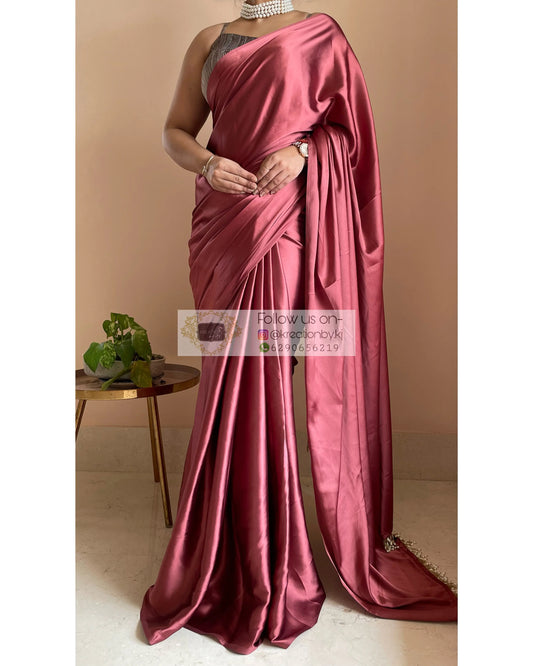 Tea Rose Satin Silk Saree with Handmade Tassels on Pallu kreationbykj