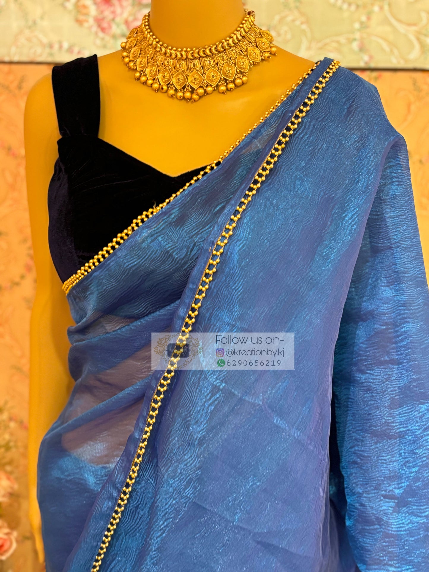 Blue Crushed Tissue Saree kreationbykj