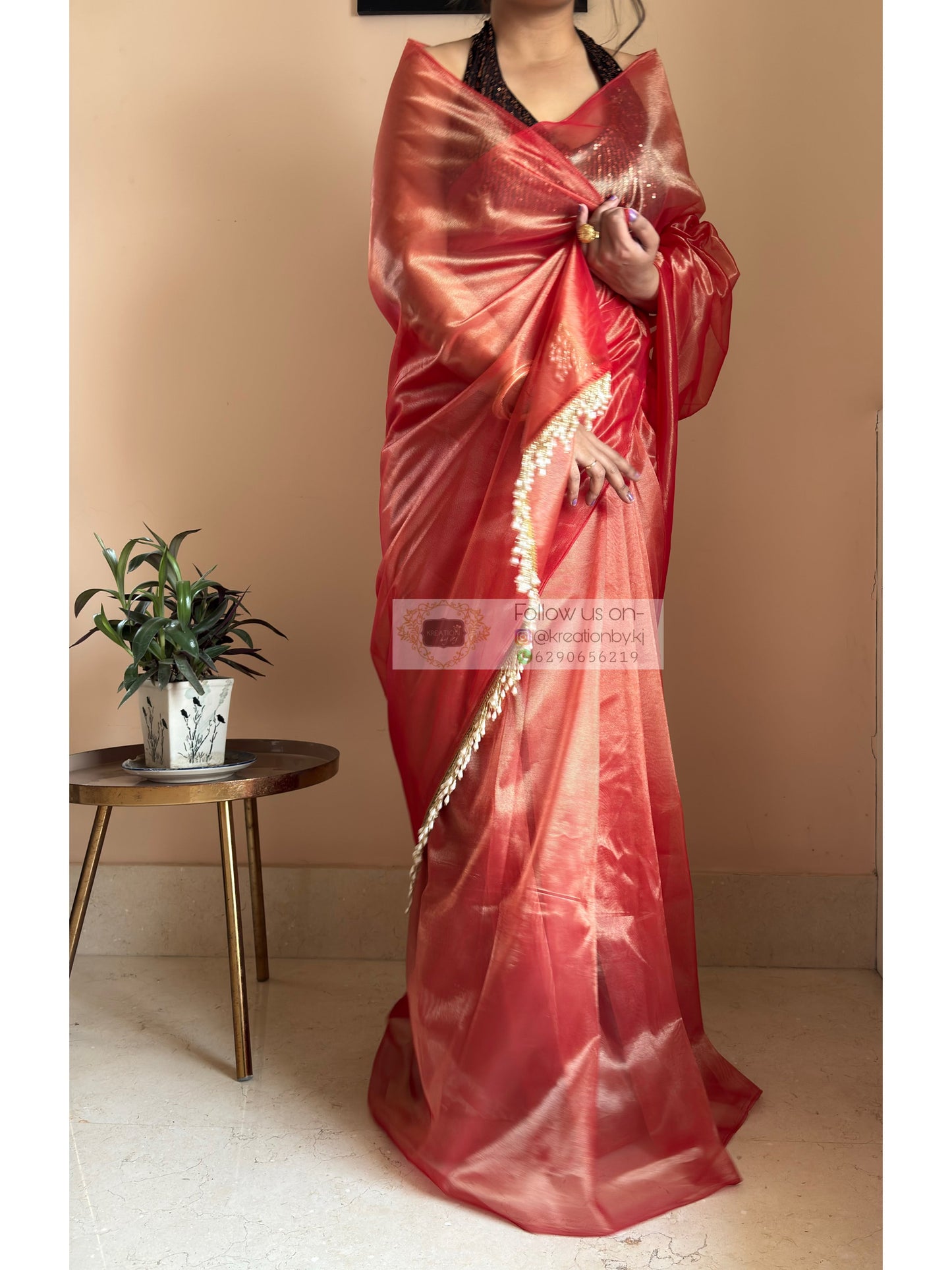 Sunset Orange Tissue Net Saree kreationbykj