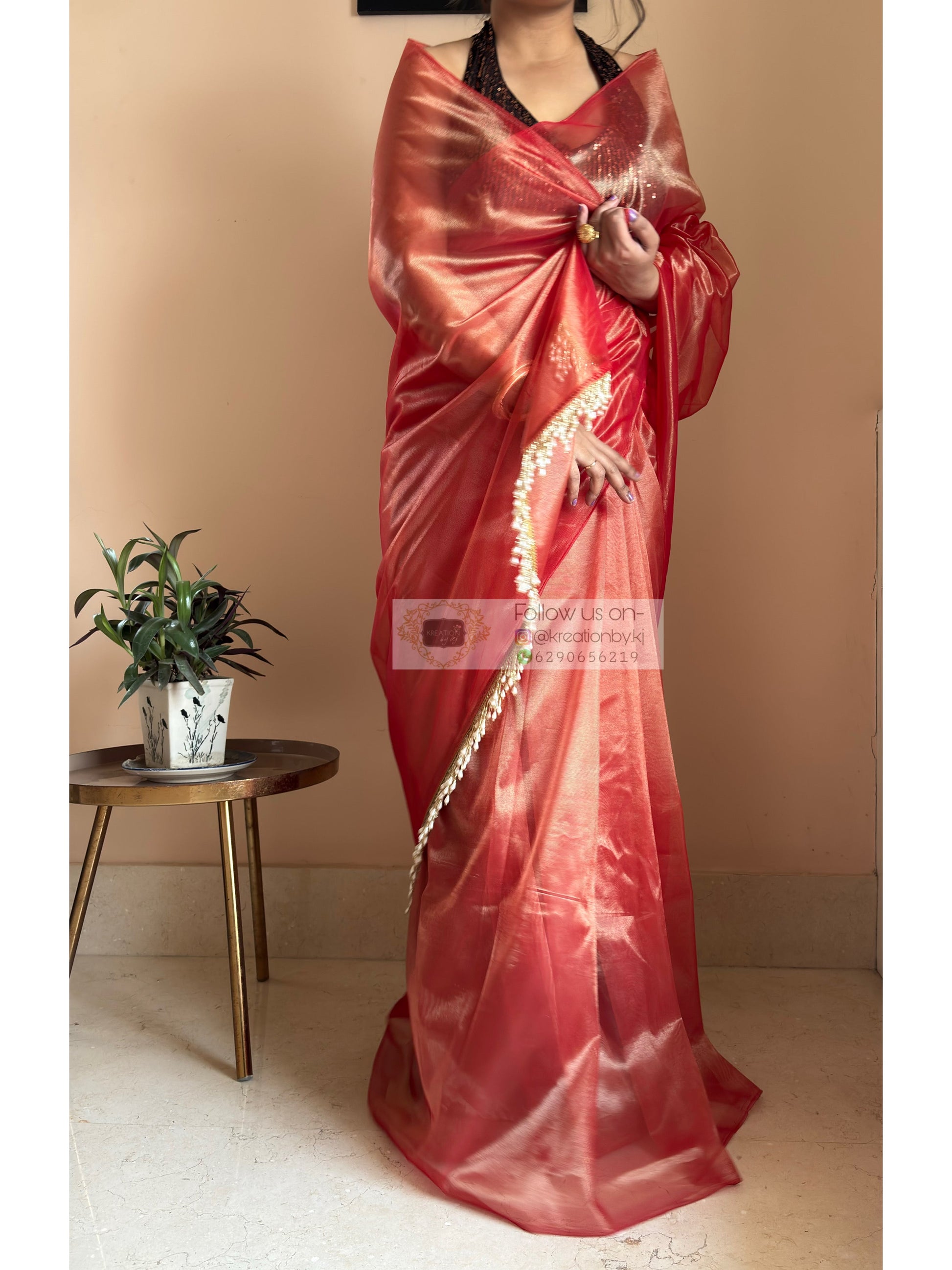 Sunset Orange Tissue Net Saree kreationbykj