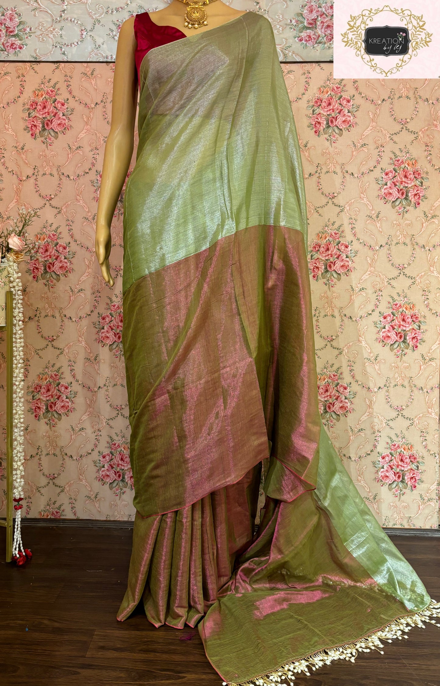 Badam Pista Cotton Tissue Saree kreationbykj