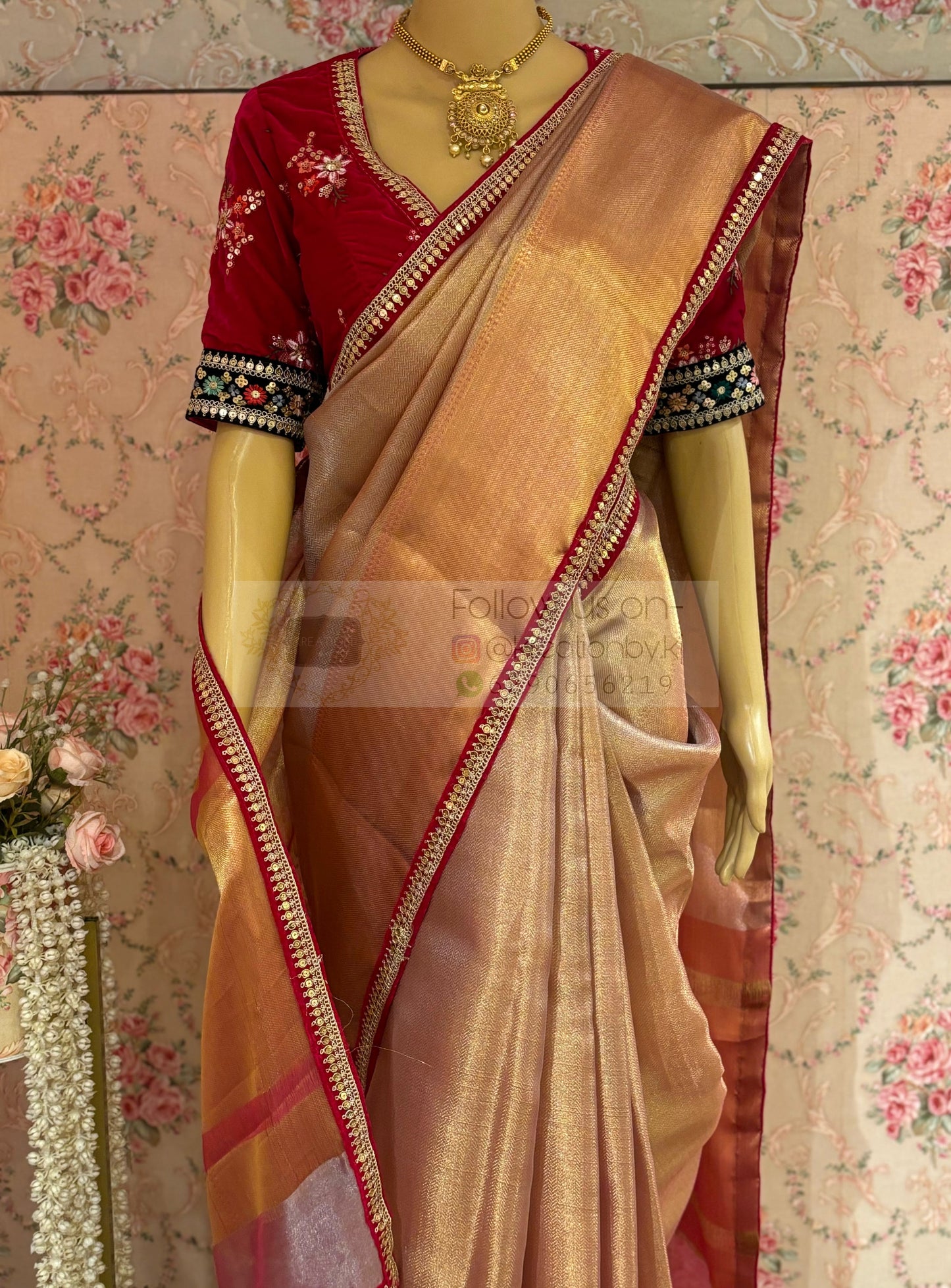 Dusty Pink Tissue Banarasi Saree with Designer Velvet Blouse kreationbykj