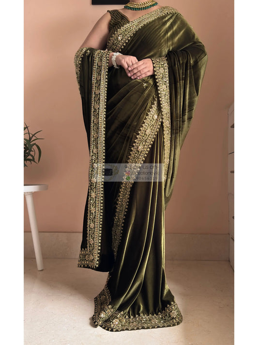 Mehendi Green Velvet Zarina Saree for Wedding Kreation by KJ