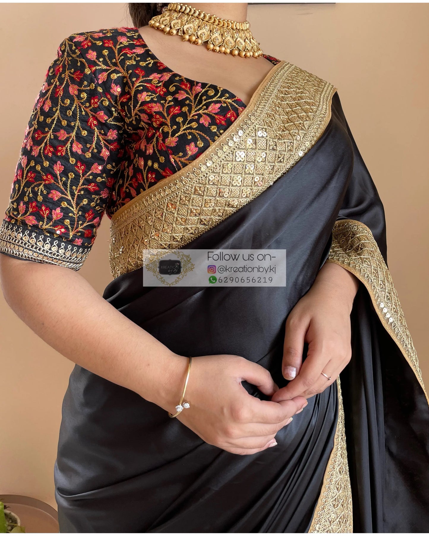 Black Satin Saree with Gold Border kreationbykj