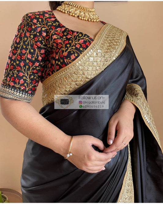 Black Satin Saree with Gold Border kreationbykj