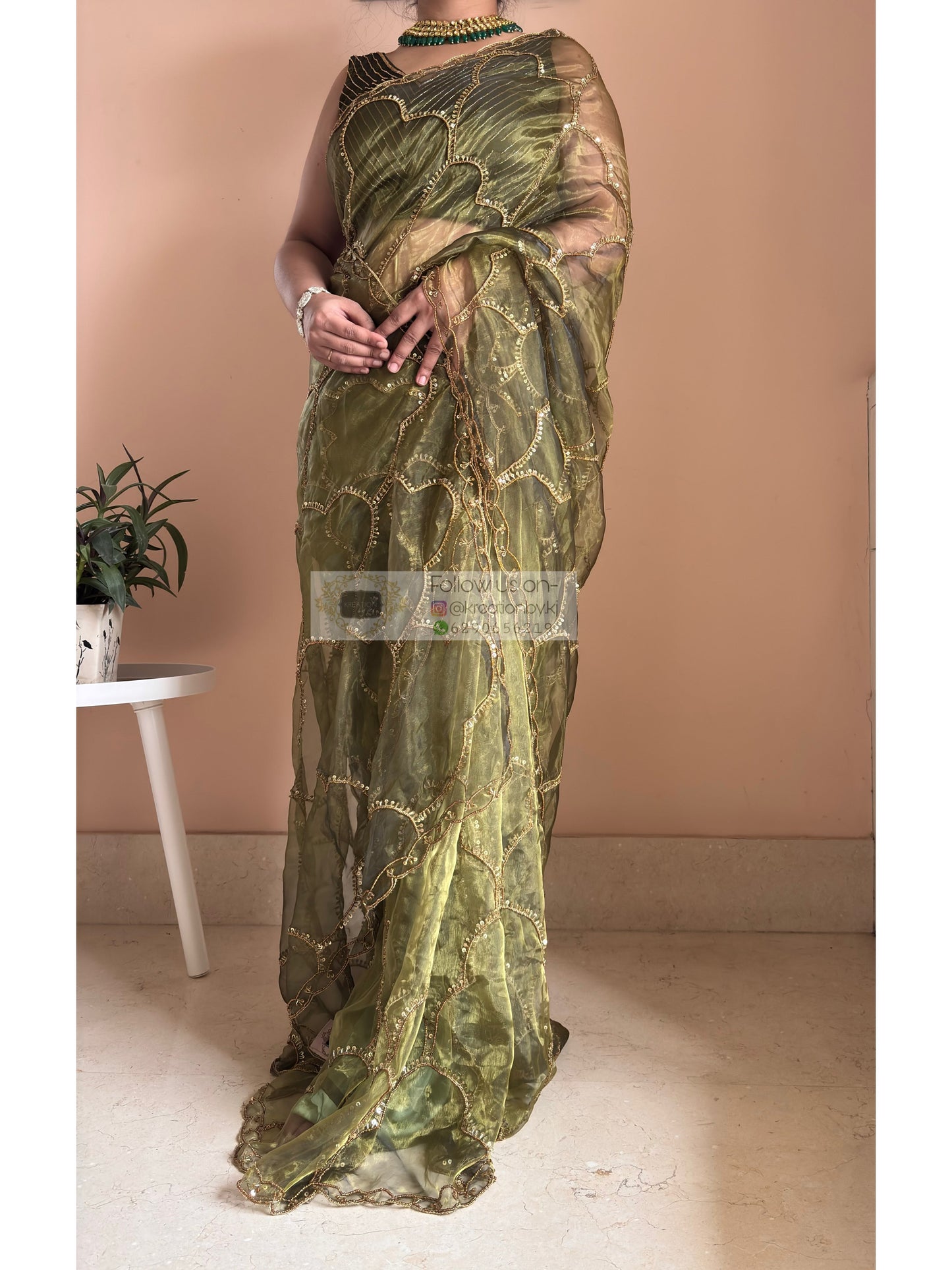 Military Green Chaudhvin ka Chand Saree for Wedding Kreation by KJ
