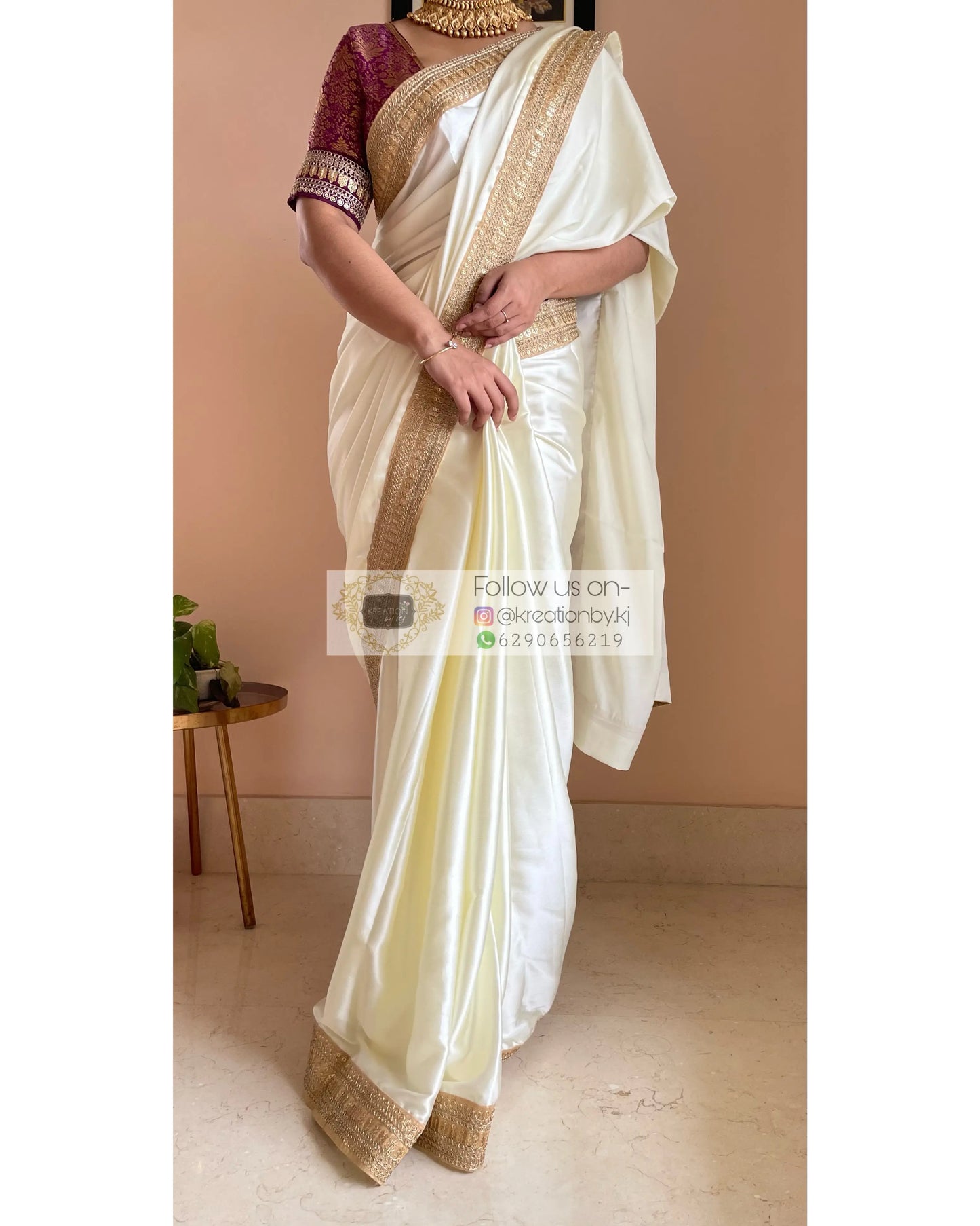 Cream Satin Silk Saree with Beige Border-Agomoni kreationbykj
