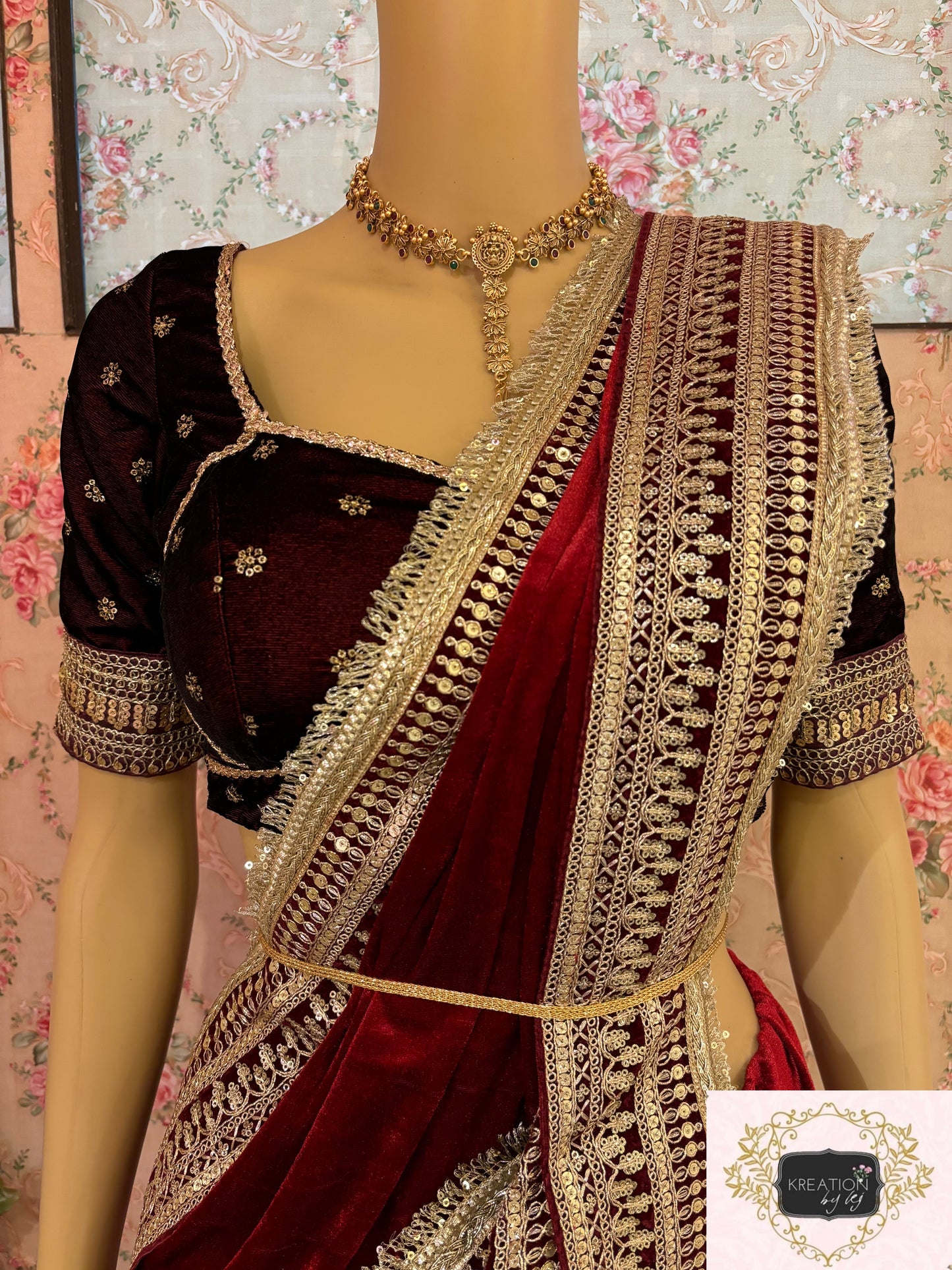 Maroon Velvet Banno Saree kreationbykj