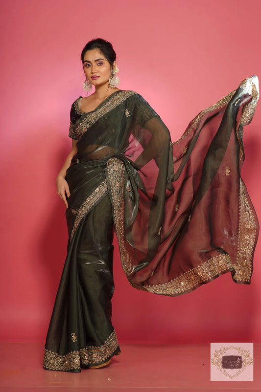 Dark Green Zarina Glassy Organza Saree kreationbykj