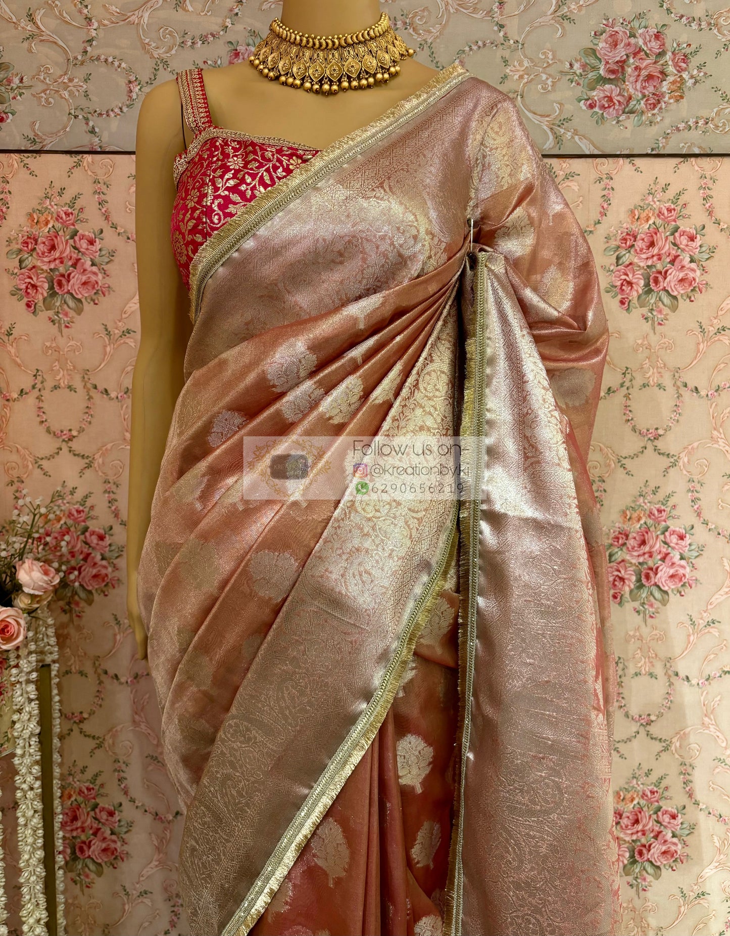 Peach Rose Designer Banarasi Tissue Silk Saree kreationbykj