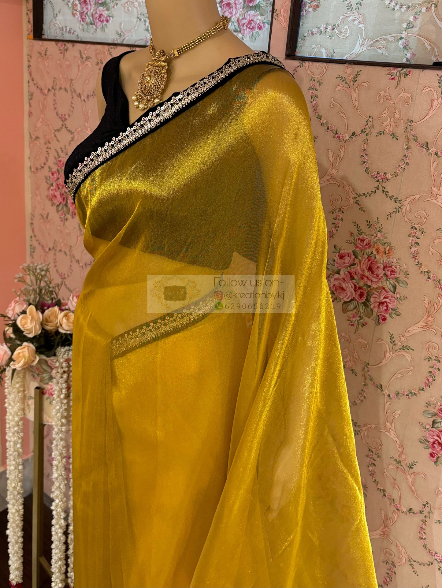 Golden Yellow Zari Tissue Cocktail Saree kreationbykj