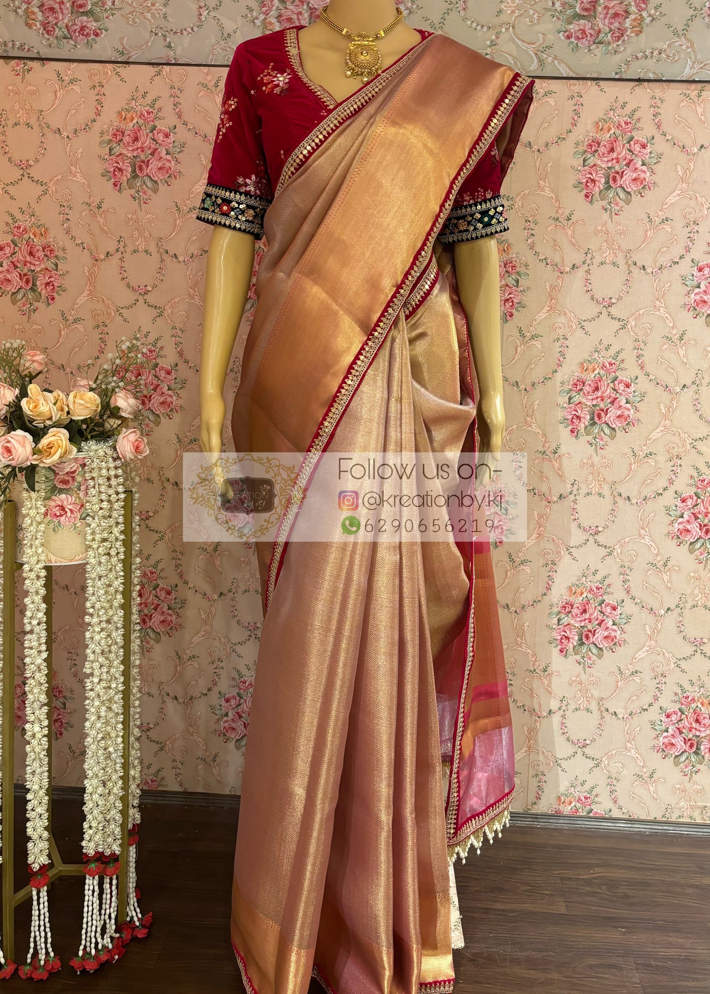 Dusty Pink Tissue Banarasi Saree with Designer Velvet Blouse kreationbykj