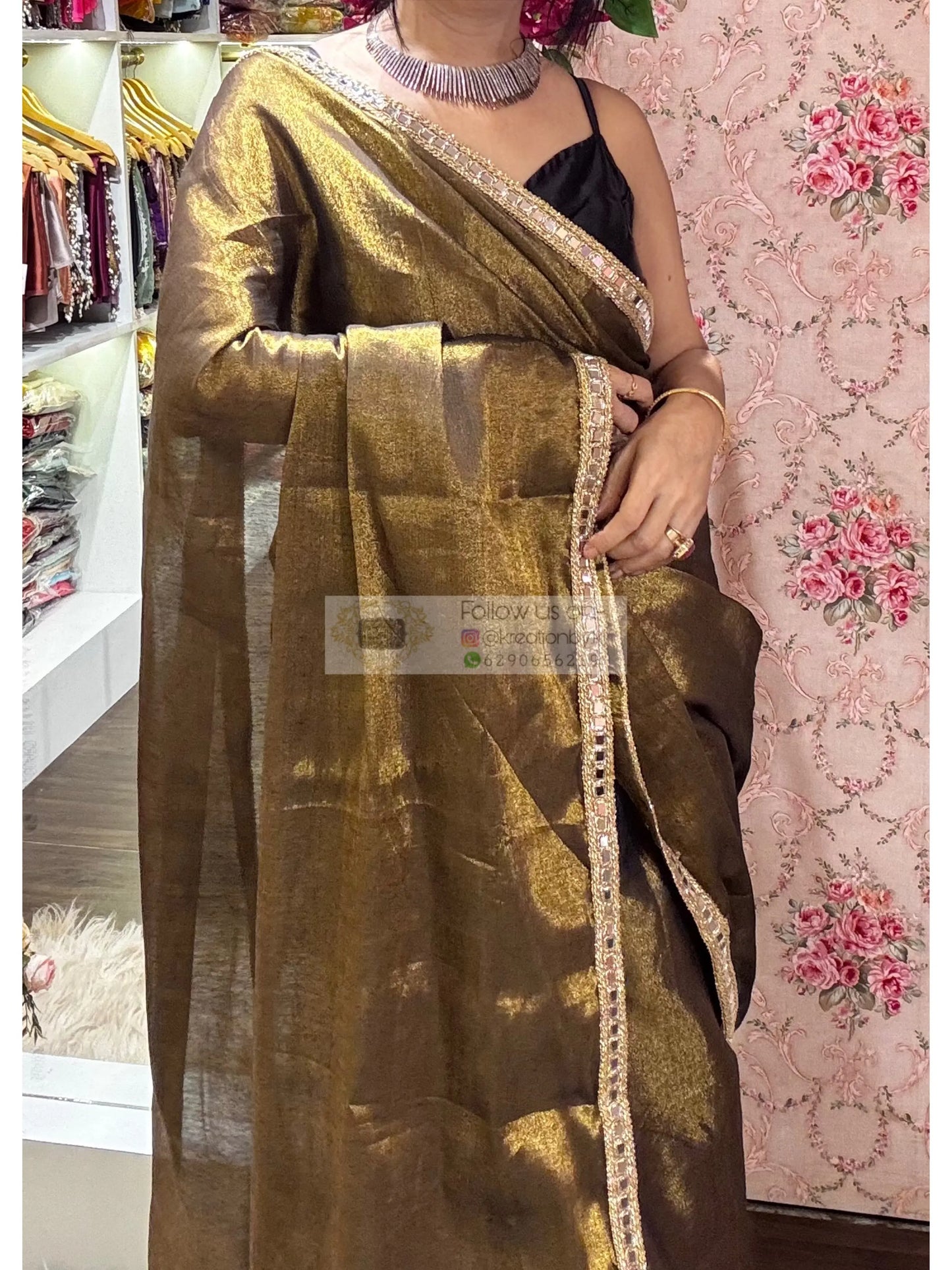 Black Tissue Mirage Saree Cut Mirror Border kreationbykj