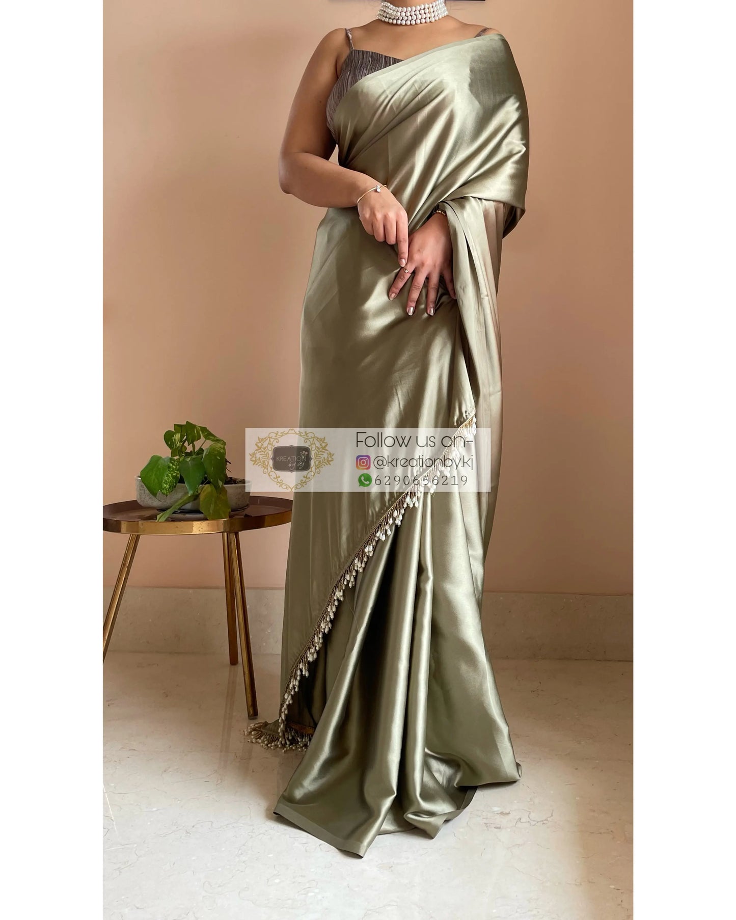 Ash Green Satin Silk Saree with Handmade Tassels on Pallu kreationbykj