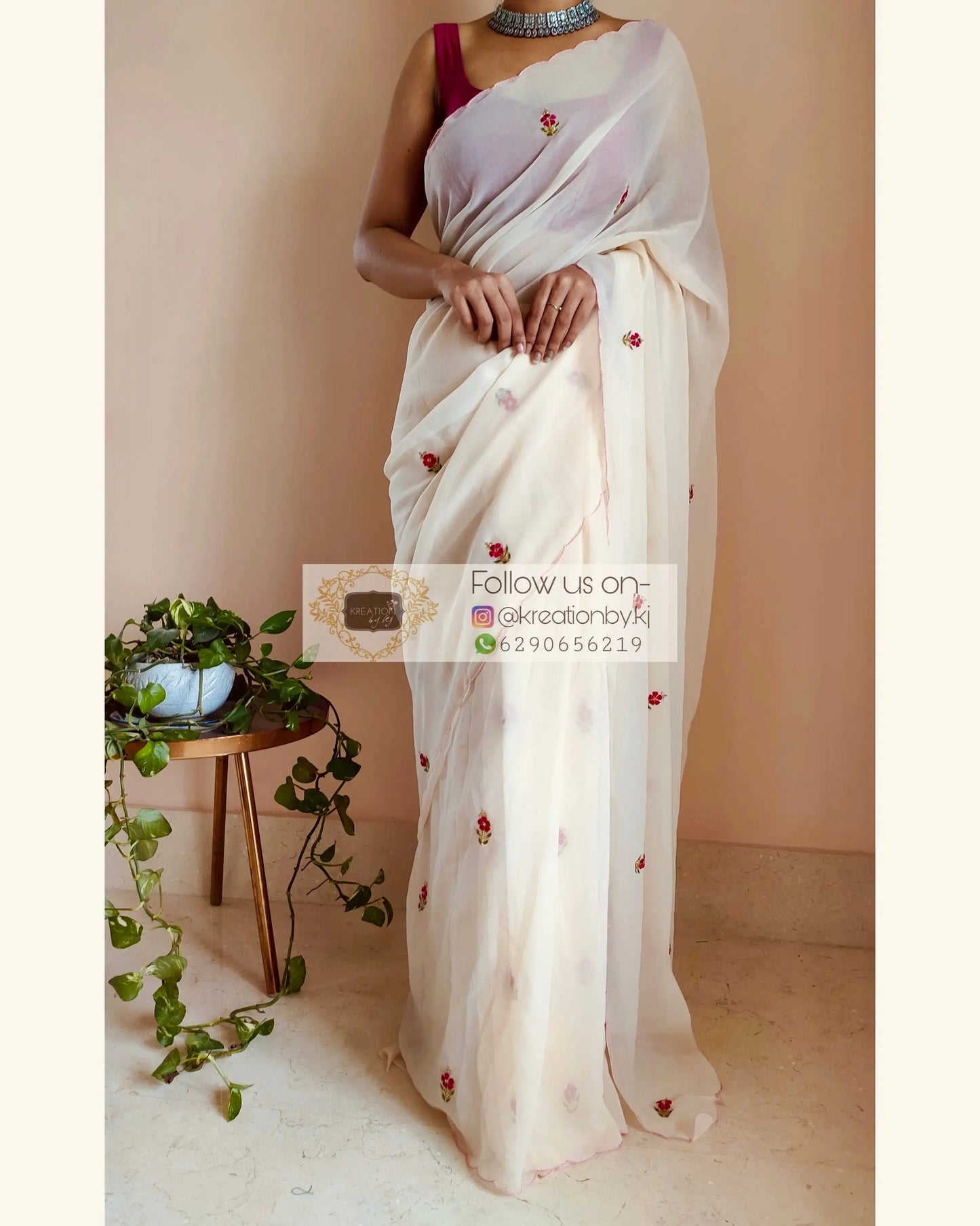 Off White Georgette Periwinkle Saree kreationbykj.in