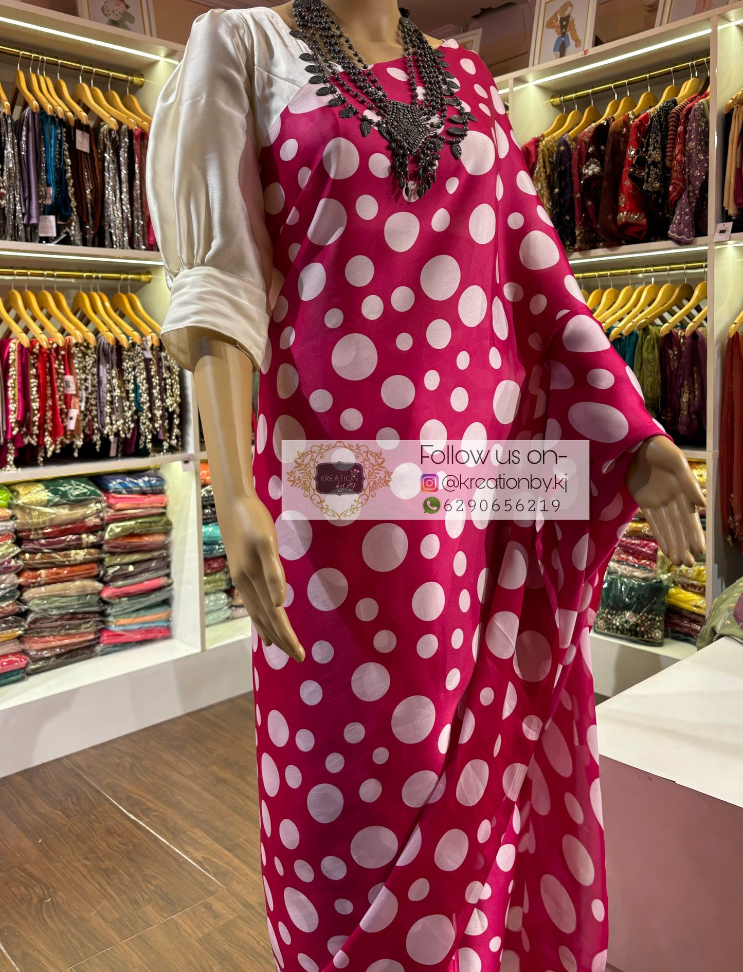 Magenta Pink Polka Dot Saree kreationbykj