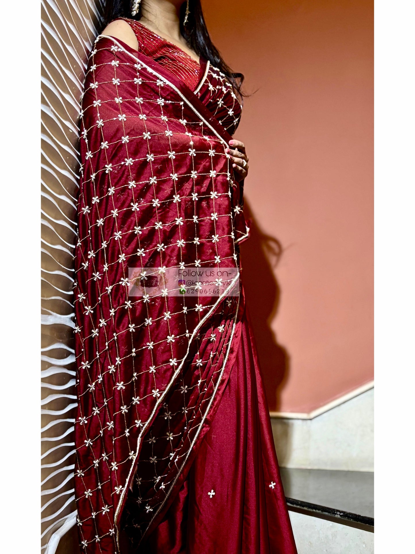 Maroon Georgette Cutdana Jaal Saree kreationbykj