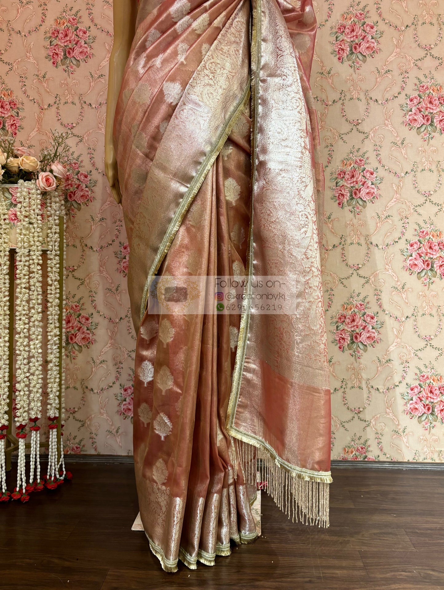 Peach Rose Designer Banarasi Tissue Silk Saree kreationbykj