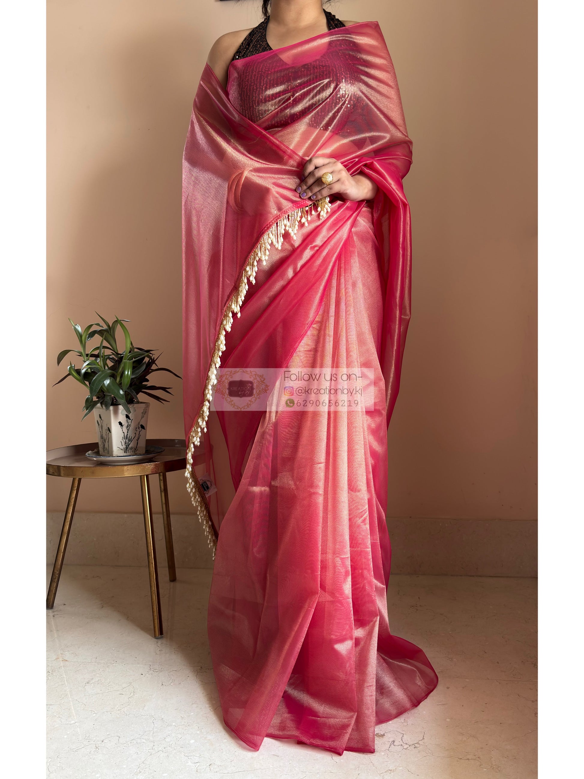 Rose Pink Tissue Net Bridal  Saree kreationbykj
