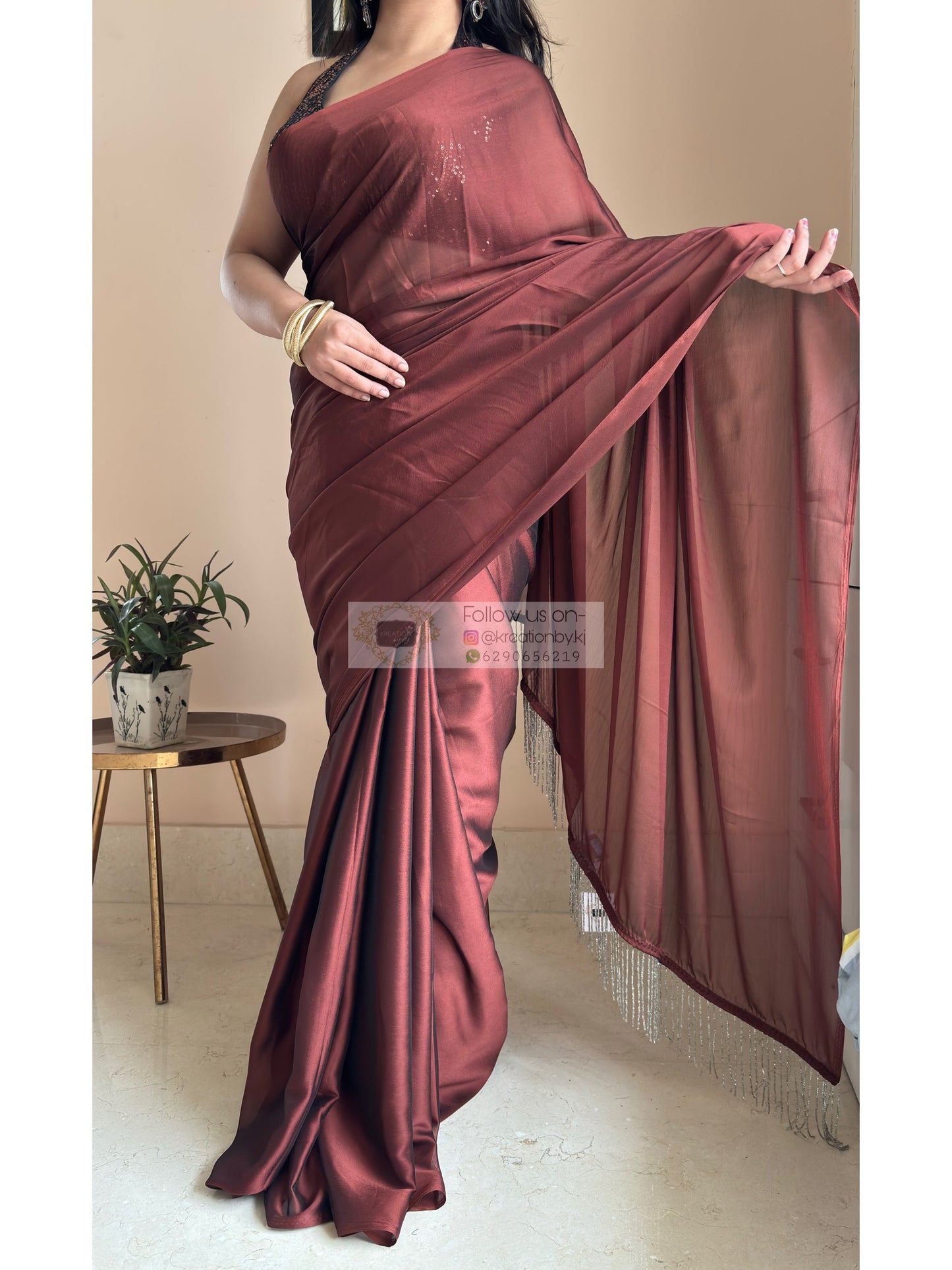 Coffee Brown Georgette Cocktail Saree kreationbykj