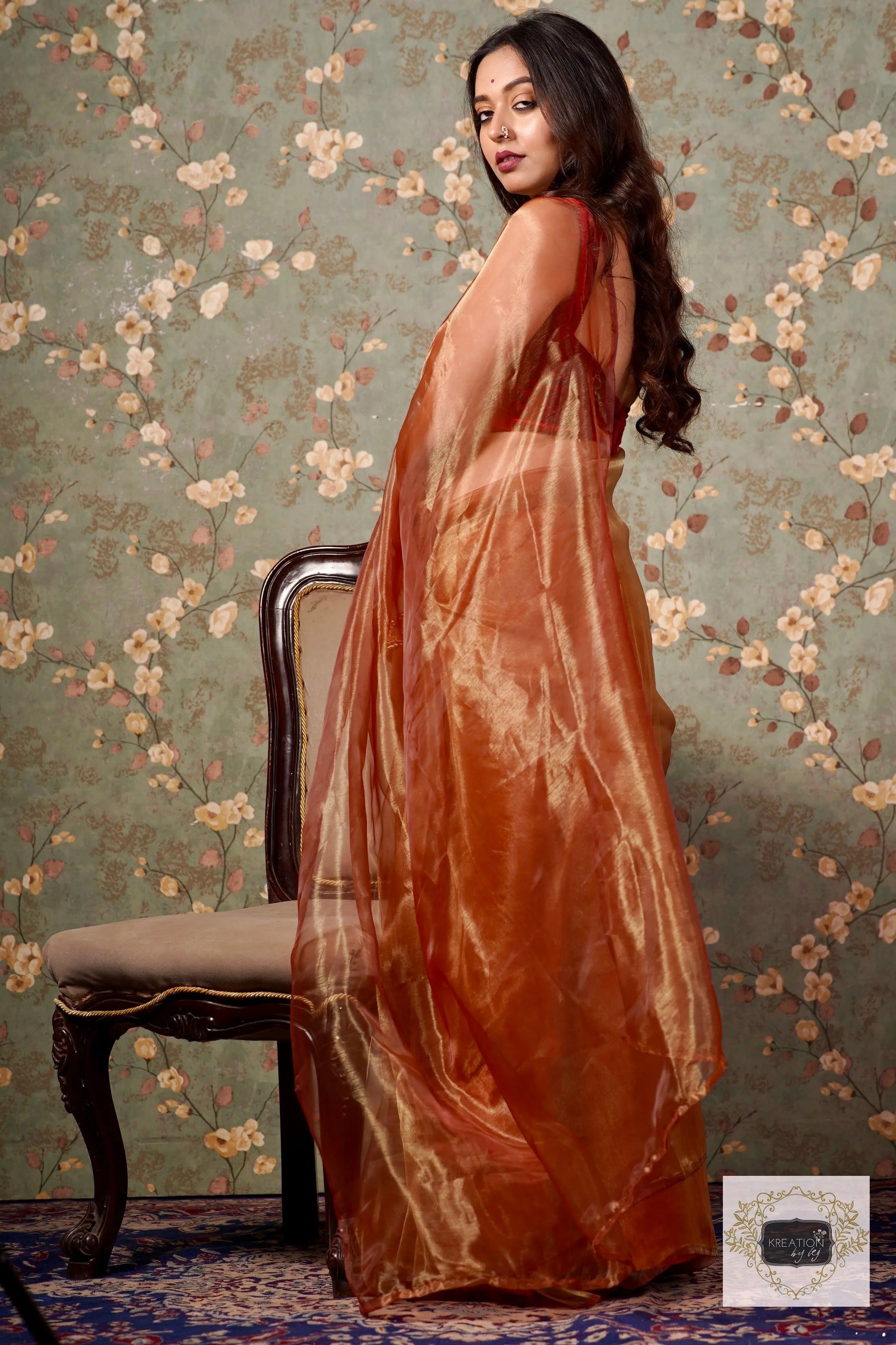 Golden Auburn Glass Tissue Saree kreationbykj