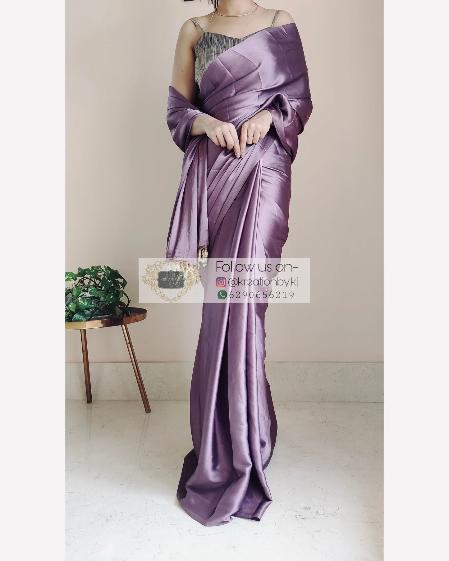 Heather Satin Silk Saree With Handmade Tassels On Pallu kreationbykj.in