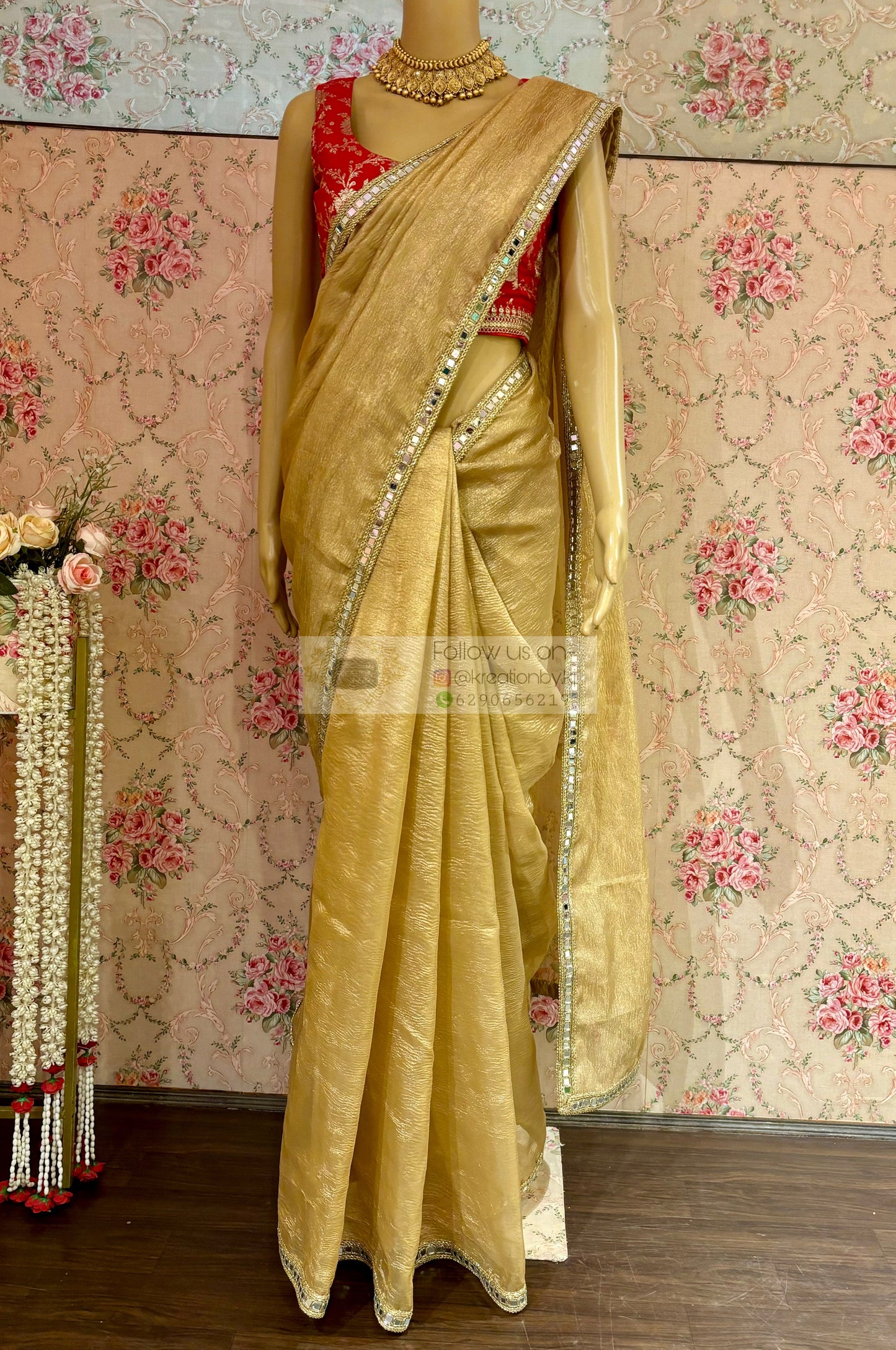 Golden Beige Tissue Saree with Mirror Border kreationbykj