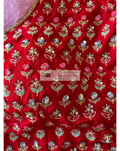Red Handembroidered Floral Bridal Blouse Piece