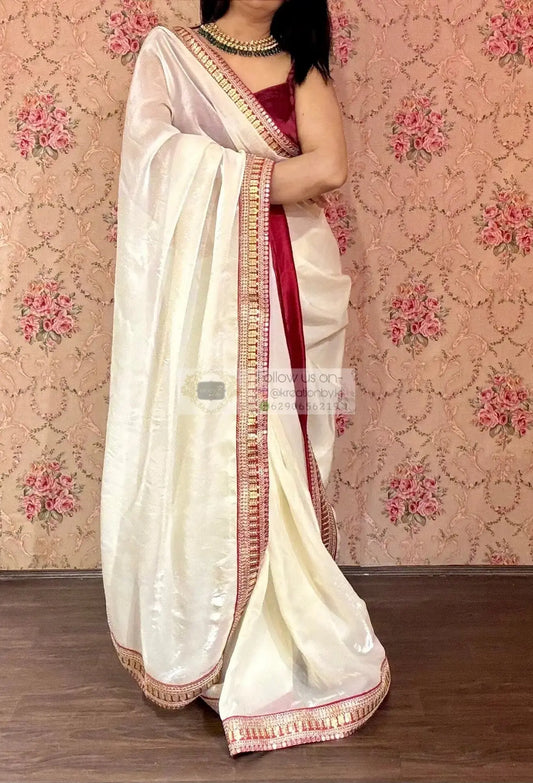 Cream Metallic Shimmer Satin with Red Border-agomoni kreationbykj