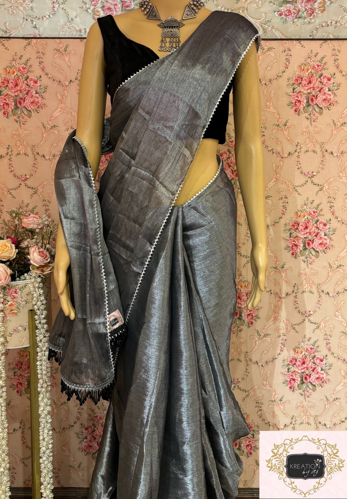 Grey Cotton Tissue Cocktail Saree kreationbykj