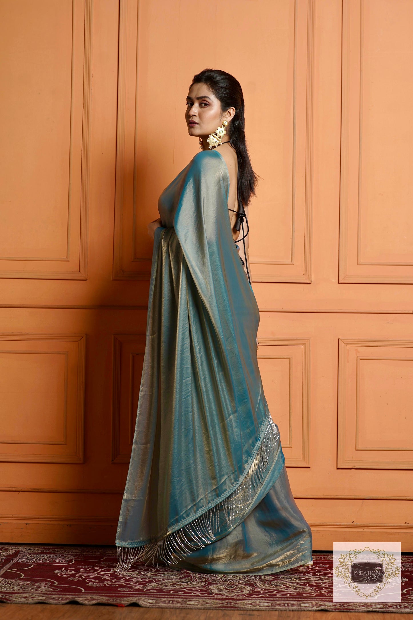 Teal Blue Metallic Shimmer Satin Saree kreationbykj