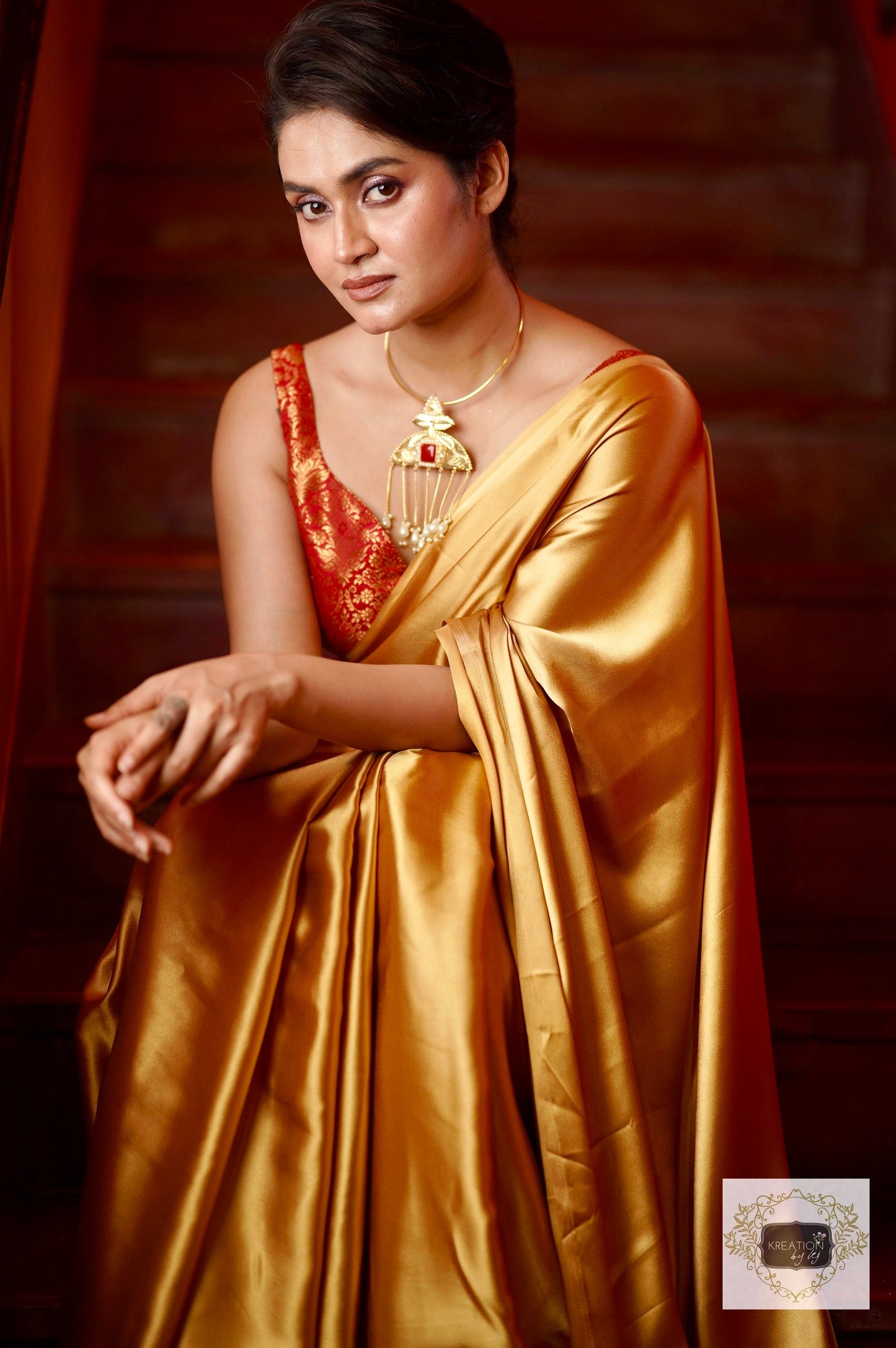 Champagne Gold Satin Saree kreationbykj