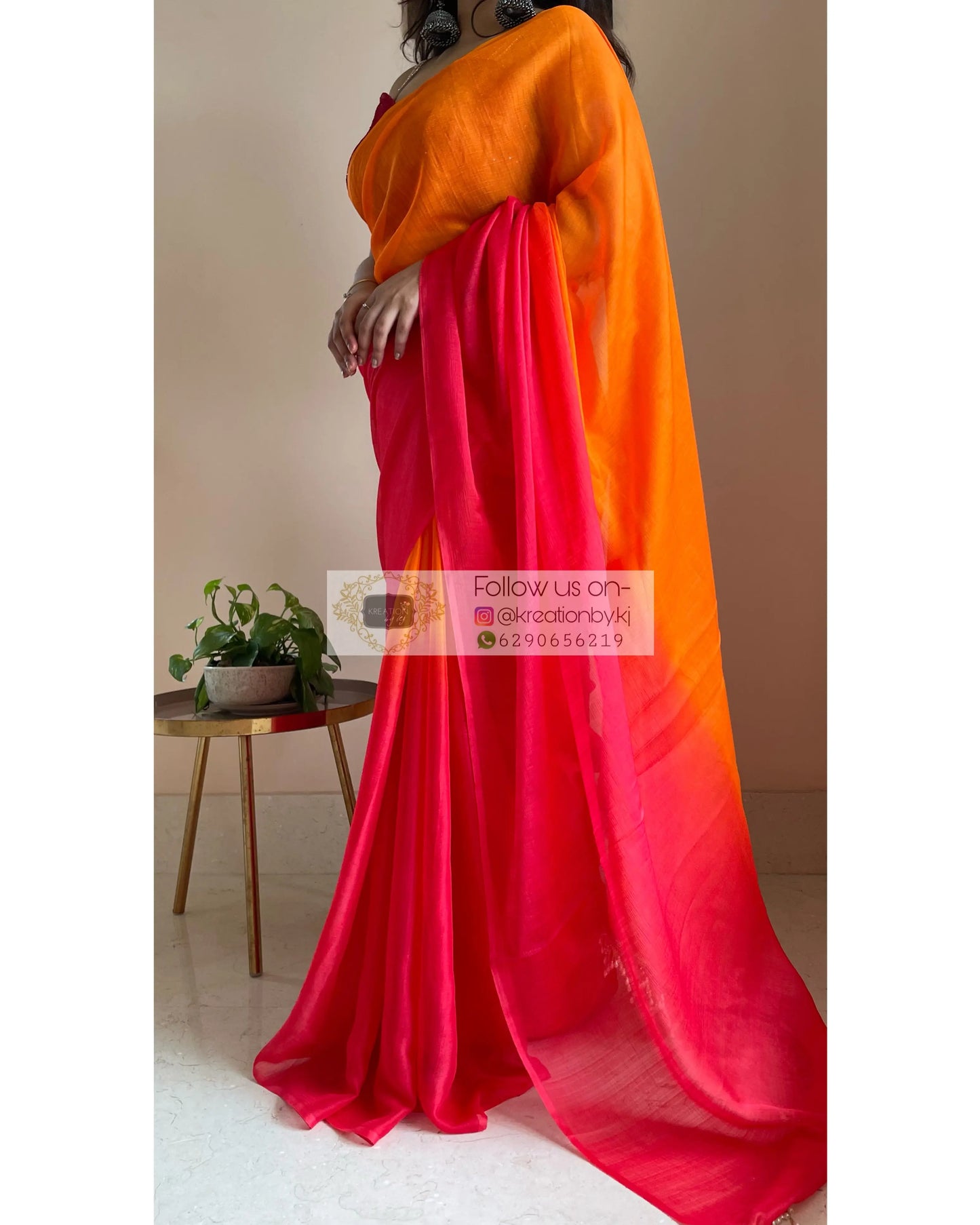 Sunset Ombré Chiffon Saree with Handmade Tassels on Pallu kreationbykj