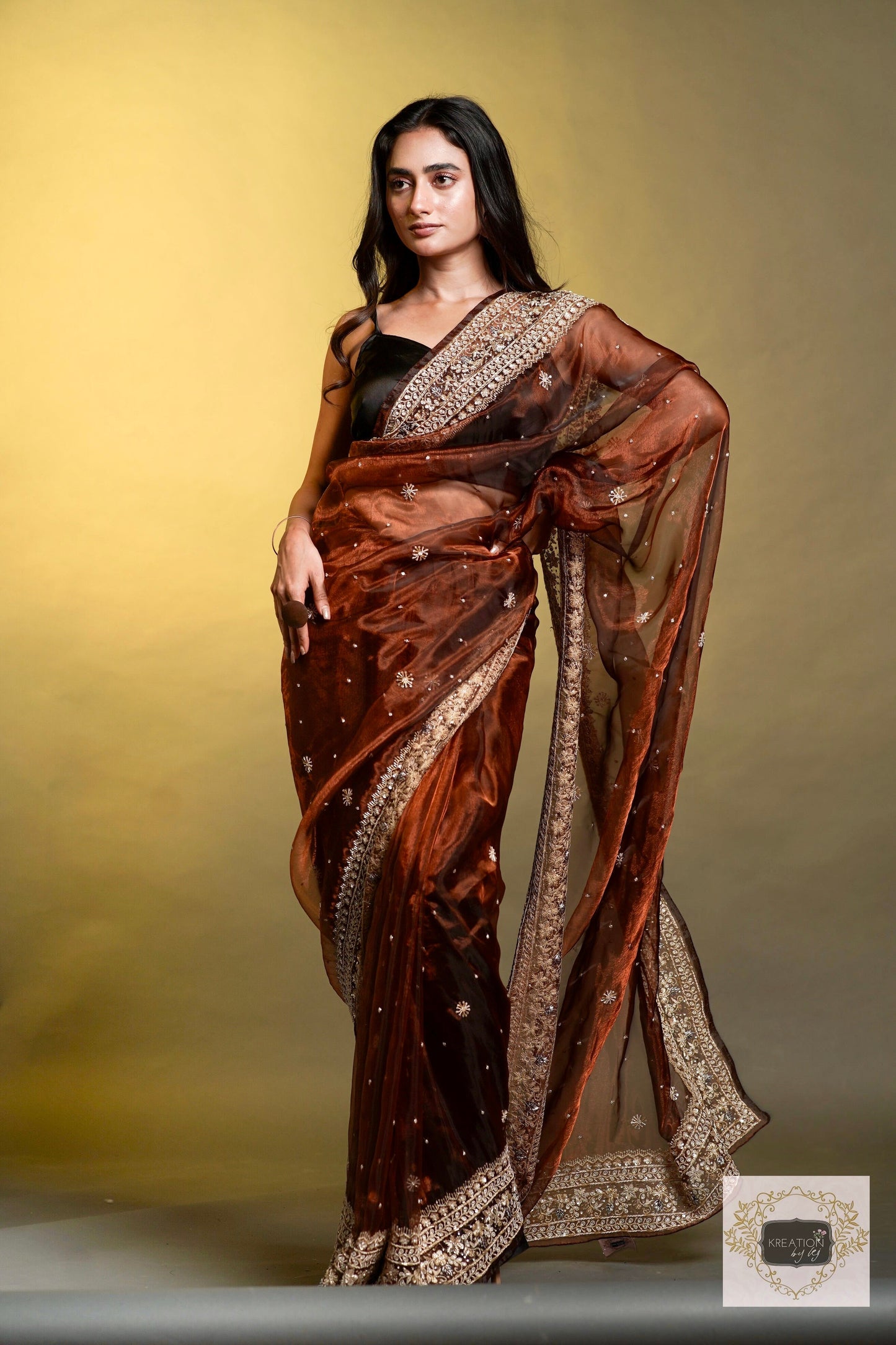 Nazakat Copper Glass Tissue Saree For Wedding kreationbykj
