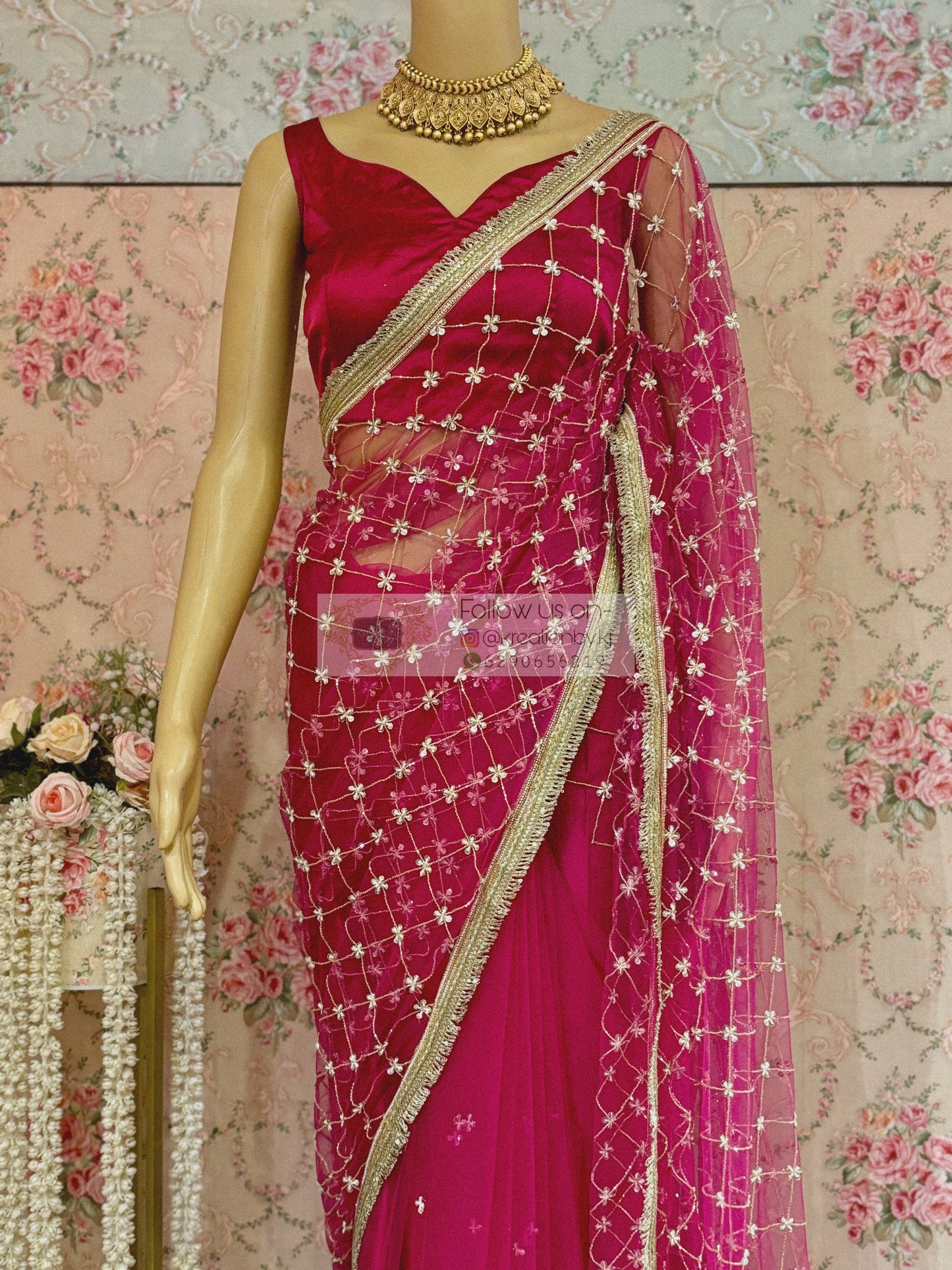 Hot Pink Cutdana Jaal Net Saree kreationbykj