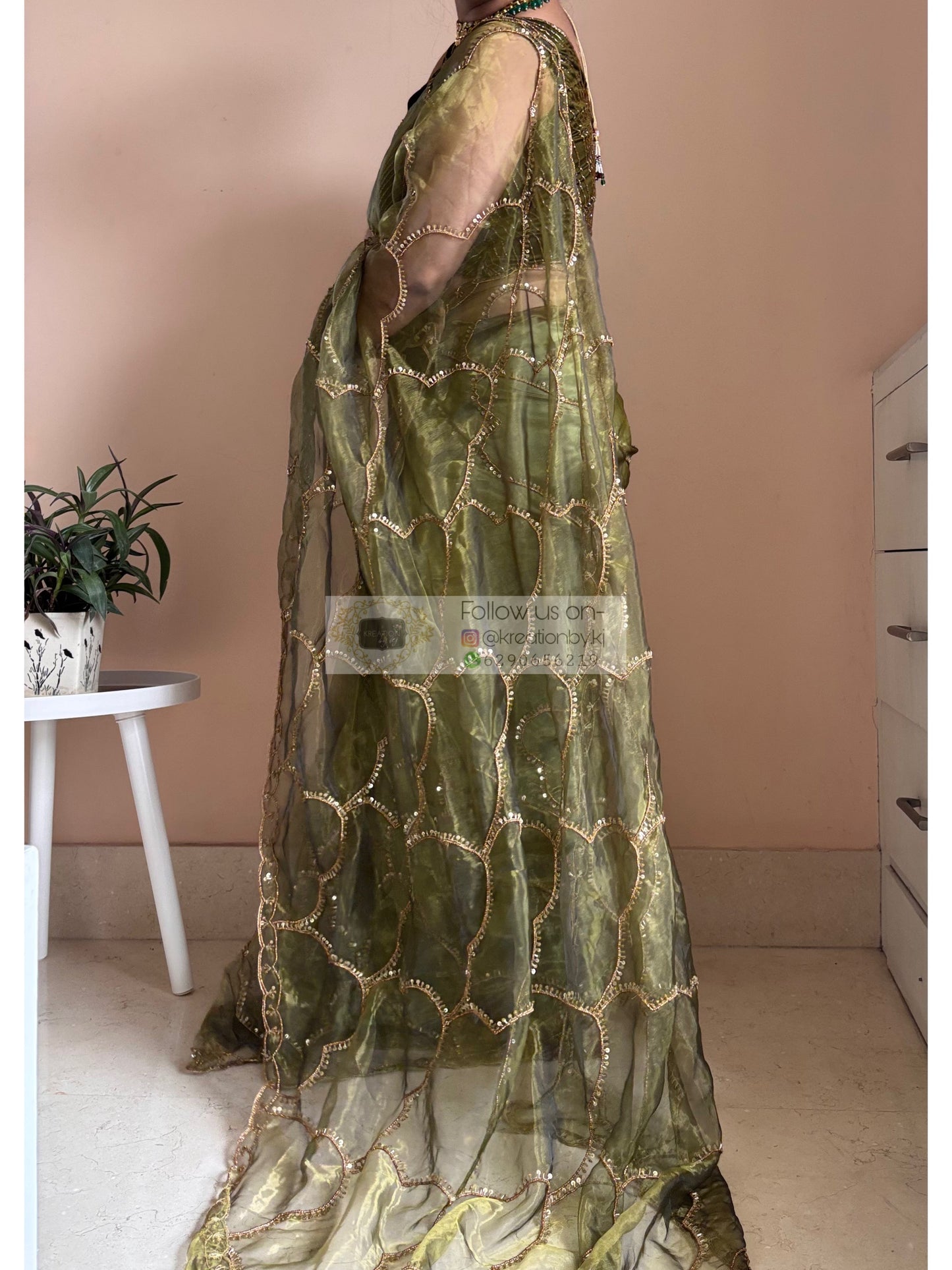 Military Green Chaudhvin ka Chand Saree for Wedding Kreation by KJ