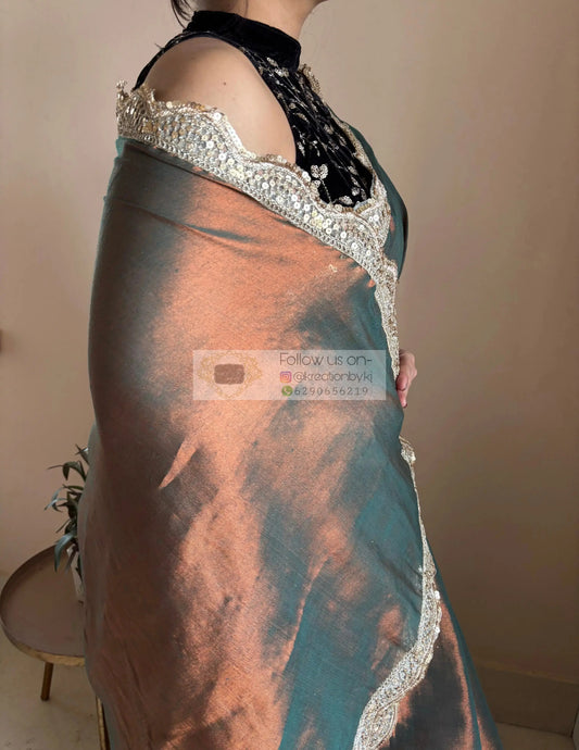 Copper Brown Cotton Tissue Saree with Mehraab Border kreationbykj