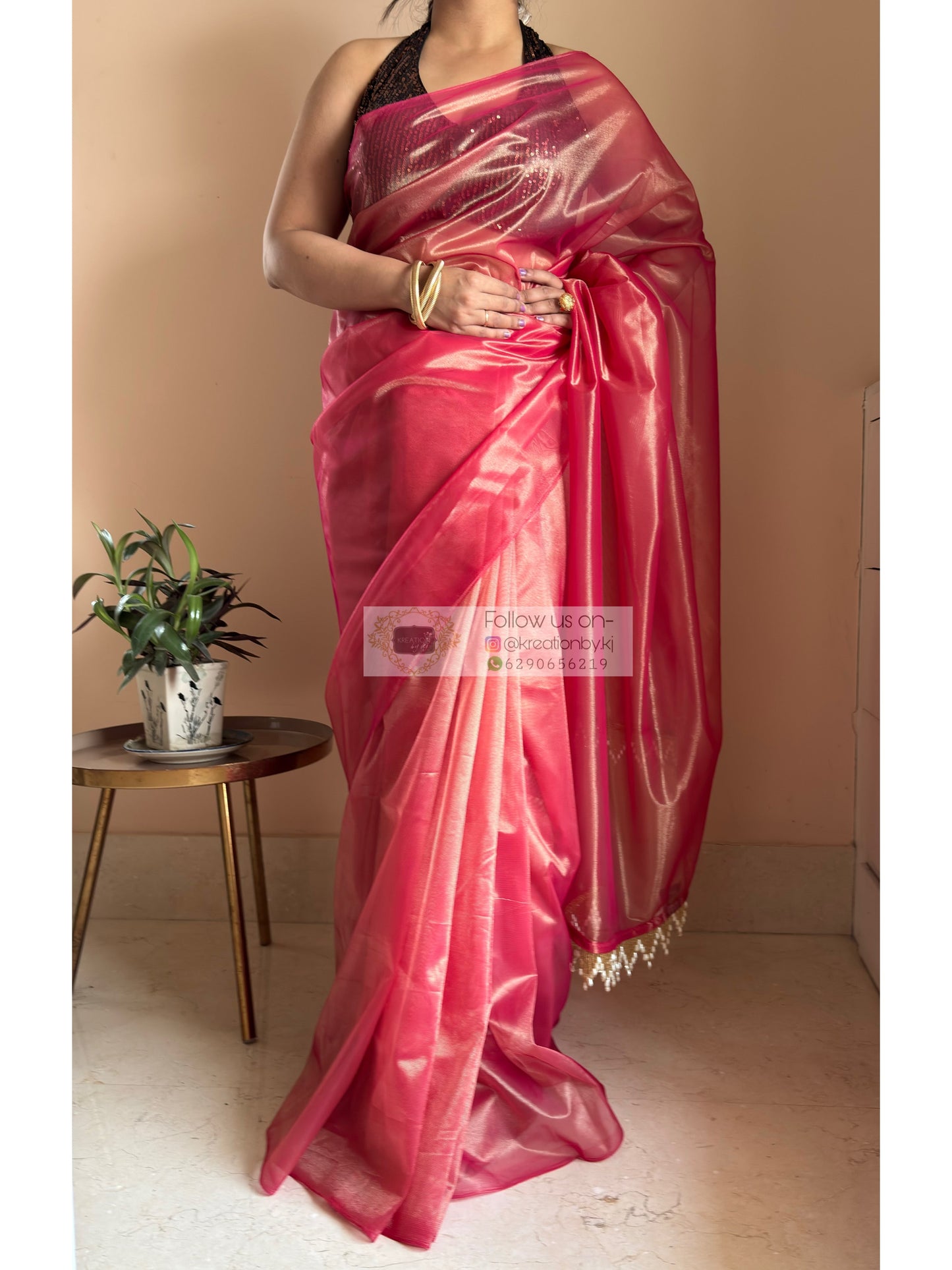 Rose Pink Tissue Net Bridal  Saree kreationbykj