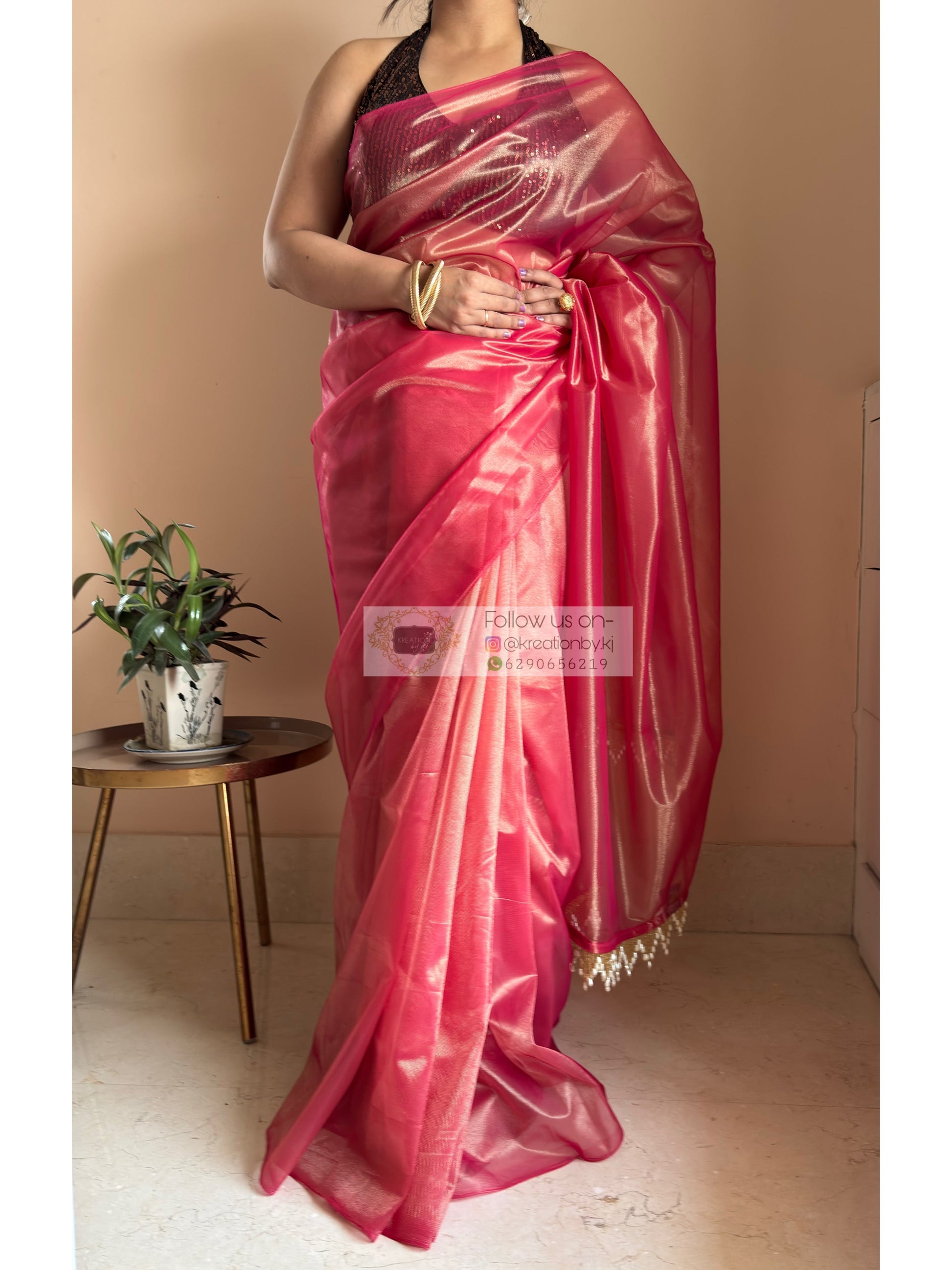 Rose Pink Tissue Net Bridal  Saree kreationbykj