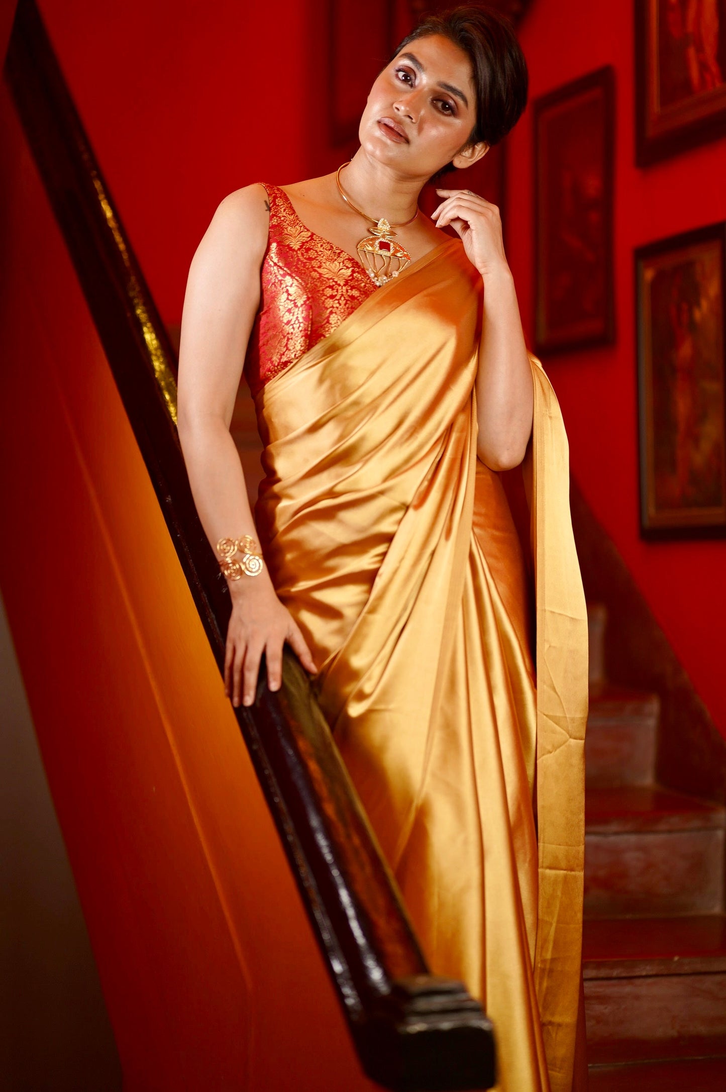 Champagne Gold Satin Saree kreationbykj