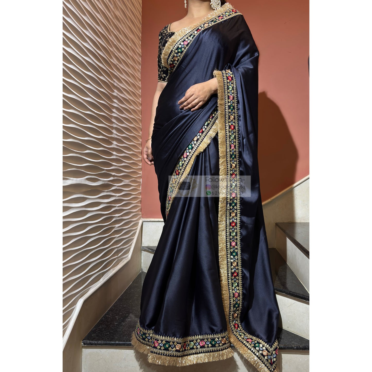 Navy Blue Satin Silk Floral Banno Saree kreationbykj